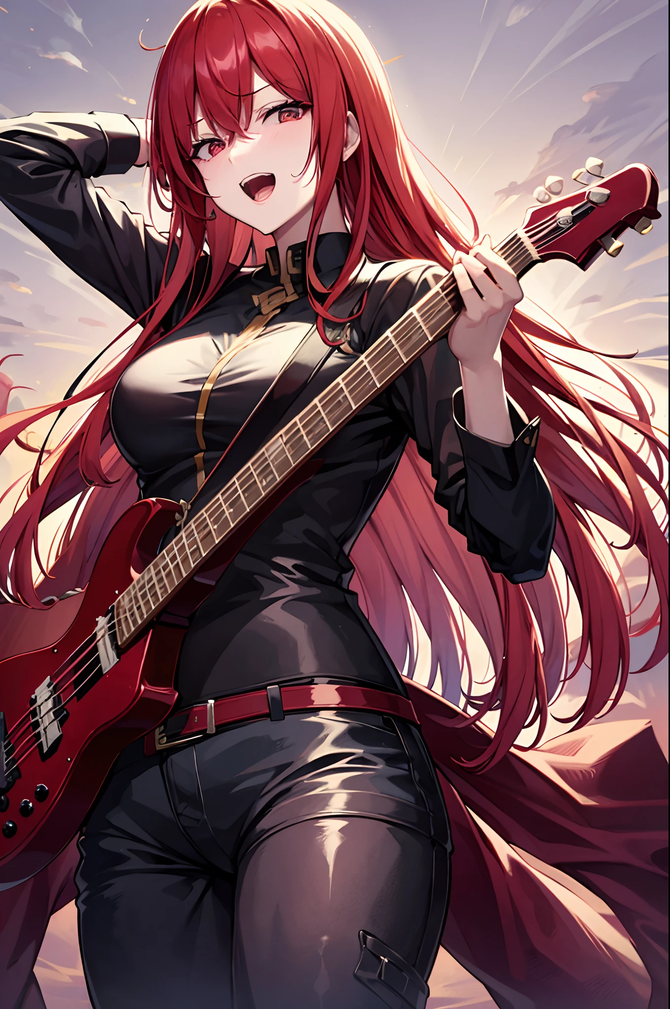 mulher, red hair, Cabelos Longos, anime, seios, Olhos vermelhos, Comics, sozinho, cabelo sobre um olho, cabo, Rockeira, franja, seios grandes, sorrir, tocando baixo eletrico, Electric bass instrument in your hands, electric bass, baixo eletrico completo de 4 cordas, os dedos dela  (Playing electric bass, Have an electric bass, 4 cordas), foto de corpo inteiro.