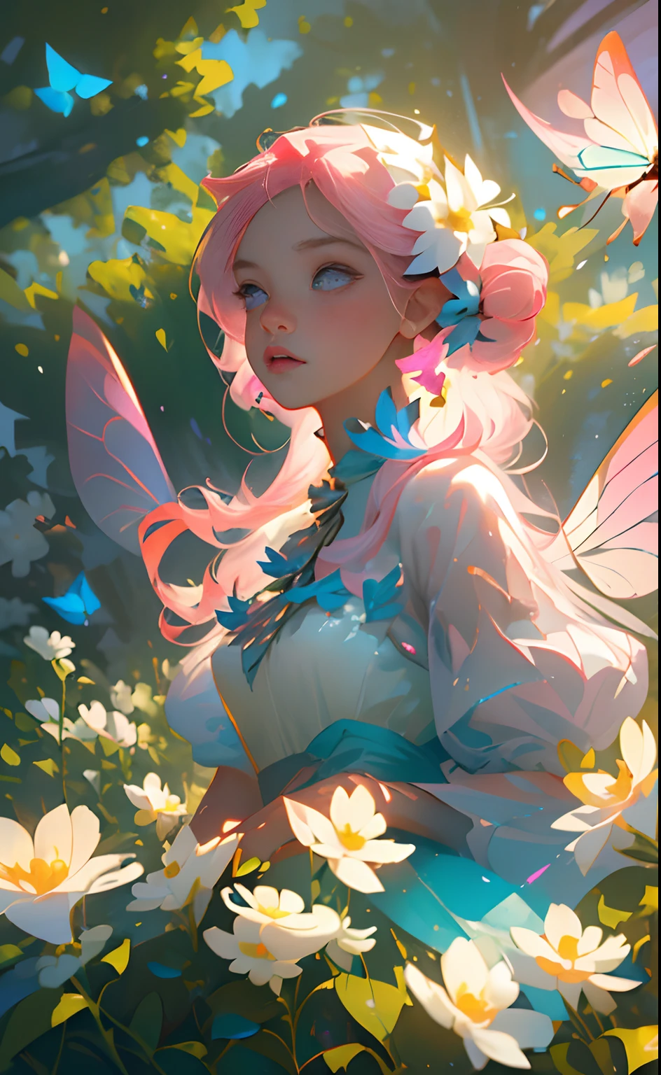 (Best Quality, Masterpiece), 1girl, Perfect Eyes, Detailed Beautiful Face, Pose, Particle, Wind, Flower, Upper Body, Pink and White Color Scheme, Simple Background, Looking at the Audience, Flower Fairy, Wings, Forest, Butterfly,