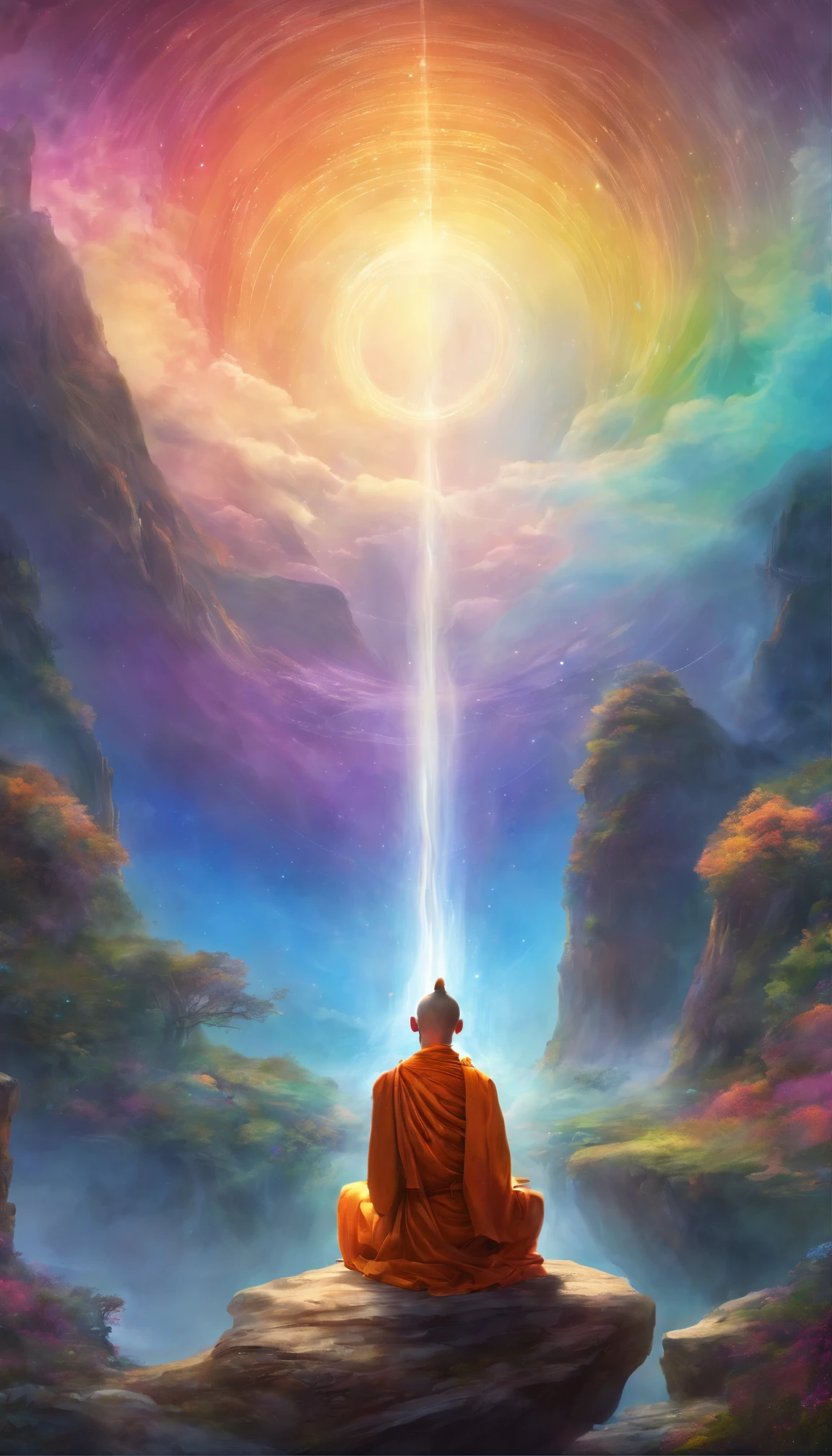 Back view of a monk meditating in front of a rainbow halo, Rainbow-colored style, Art germ, UHD image, gongbi, Visual harmony, Mysterious mechanics, Queen's seat