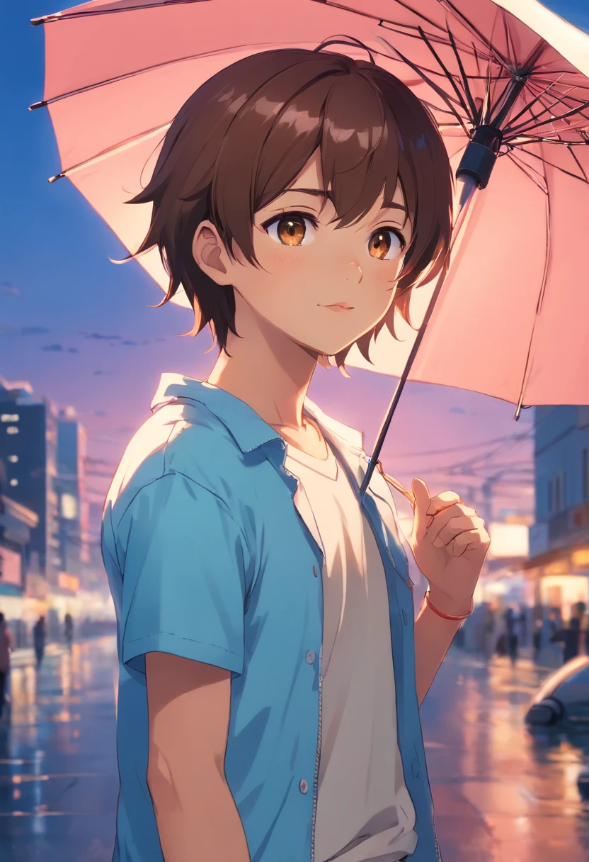 obra-prima, melhor qualidade, filme ainda, 1girl, garota nuvem, floating into the sky, close-up, brilhante, feliz, Soft lighting and Warm, sun sunset, (Sparks: 0,7)1 , boy, dark-skinned, Brazilian, is standing, with a blue umbrella in his hand, brown hair cut short, round and bright brown eyes, large brown eyelashes, straight medium brown eyebrows slightly arched, nose round black, large, well-shaped mouth, lower lip slightly larger than the upper lip in pink, with a dimple on the face on the right side, wearing a light blue t-shirt and black shorts and brown sandals.