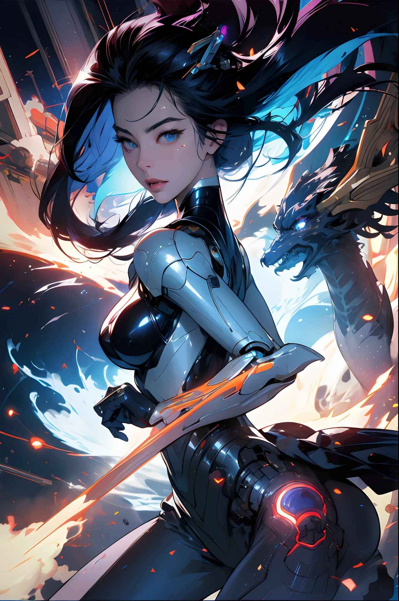 futuristic robot woman, style of anime, Insanely smooth surfaces scatter light through damp mechanisms, Epic, immensity, full bloom, Cleavage is seductive, icecream, A majestic, Ava Gardner, Fay Wray, Packing action, Psychological, frenzied, delight, ultra - detailed, octan render, air is filled with relativistic flames, As a change, space is the place, Body, brightly, Loves, lachend, araki, sorayama