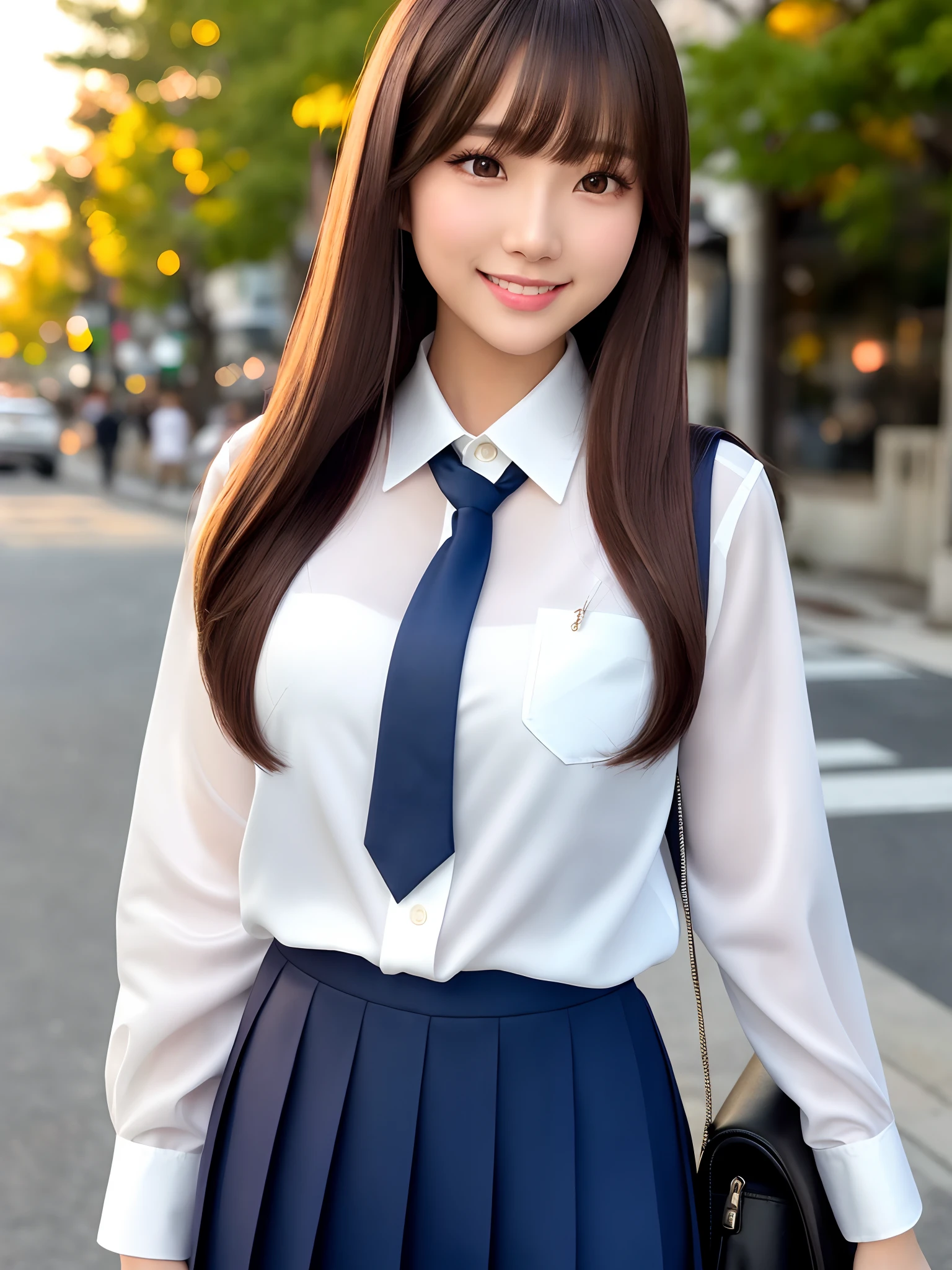Japan girl, 18 year old girl, wavy little long hair, black hair, brown eyes, small breasts, perfect figure, perfect skin, school uniform, light blue shirt, navy blue skirt, underwear, M996, jumping, city