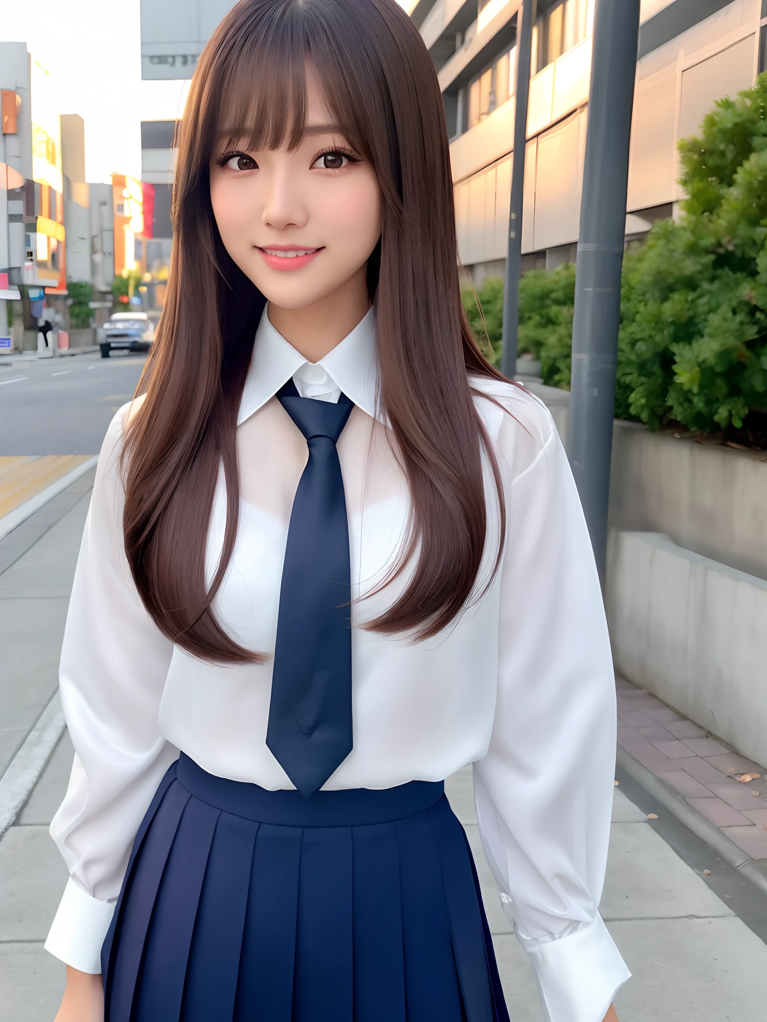 product quality, 1girl, upper body shot, front view, a Japanese young pretty woman, long bob hair, standing with a big smile on a crowded sidewalk in the sunset, a school bag over her shoulder, glamorous figure, wearing a long sleeve white collared silky satin shirt with shiny satin dark blue plain long tie, wearing a dark blue pleated long skirt, hyper cute face, glossy lips, double eyelids in both eyes, natural makeup, long eyelashes, shiny smooth light brown long bob hair, asymmetrical bangs, a tanned skin, central image, high resolution, high detail, detailed hairstyle, detailed face, spectacular cinematic lighting, octane rendering, vibrant, hyper realistic, perfect limbs, perfect anatomy