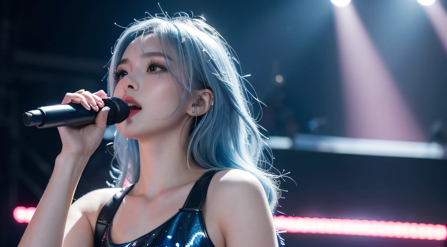 Close up portrait of blue-haired woman holding microphone, SCANDAL MAMI, with blue hair, , Japan band gal style, beautiful blue haired girl, flowing blue hair, rich blue colors, Singing hard、