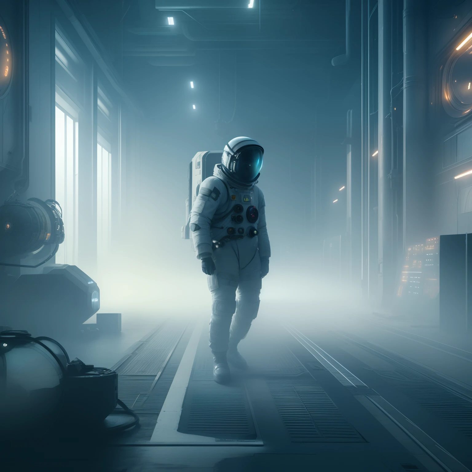 arafed image of a man in a space suit walking through a dark industrial building, still from a ridley scott movie, surreal sci fi set design, beeple and mike winkelmann, sci-fi cinematic movie still, beeple. octane render, inspired by roger deakins, cinematic scifi shot, depicted as a scifi scene