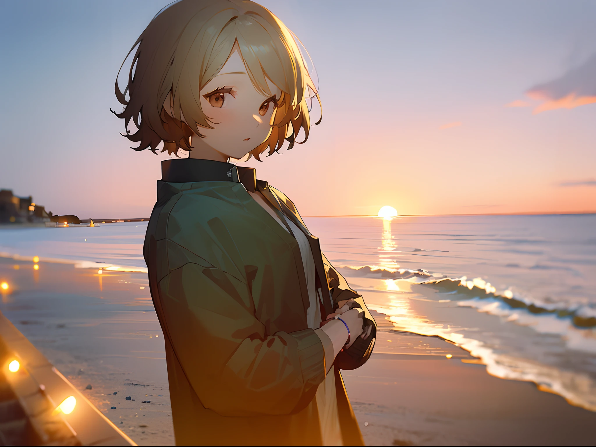 TT,(Beautiful detailed girl,Short hair),Sea,sandbeach,(Best quality,A high resolution,photo-realistic),illustration,Soft lighting