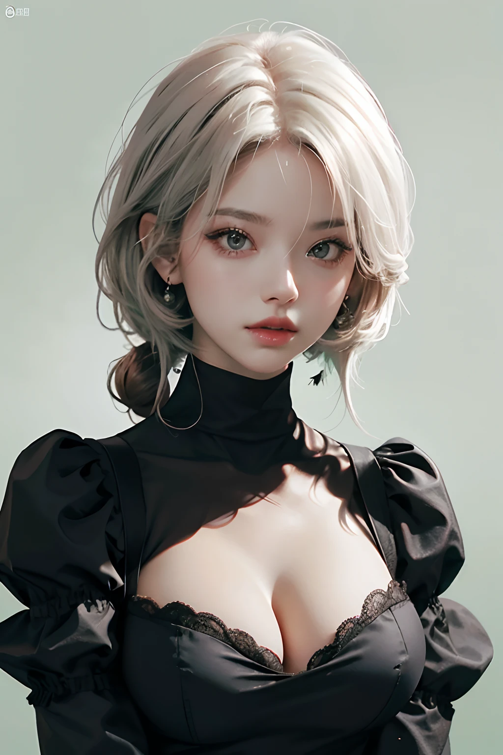 yorha no. 2 type b, 1girl in, Black cloth covers the eyes, Breasts, cleavage, cleavage cutout, Clothing cutting, Green background, hair between eye, shairband, A high resolution, Juliet sleeves, Long sleeves, Puffy sleeves, Red lips, shaded face, Short hair, Solo, high-necked, Upper body, White hair, Background forest 废墟 knifes