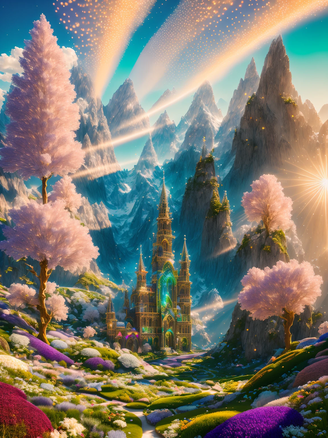 fantasy, (Palace)+, Light Palace on green meadows in the mountains, Flowers, (Lush vegetables)+++, White openwork pattern, White tracery, spark of light, Light particles, RAW photo, absurderes, view the viewer, Beautiful, Vivid colors, illusory engine, rendering by octane, (8K), (4K Ultra HD), Best quality, Masterpiece, Very beautiful, perfectionism, max detail, hard shadows, Highest quality, vibrant, insanely details, Surreal, Divine, Celestial, Crystalline, Light, voluminetric lighting, back lit lighting, Shimmering light, Glowing, Caustics, Luminescence, Light magic effect, Rune of Light, magic