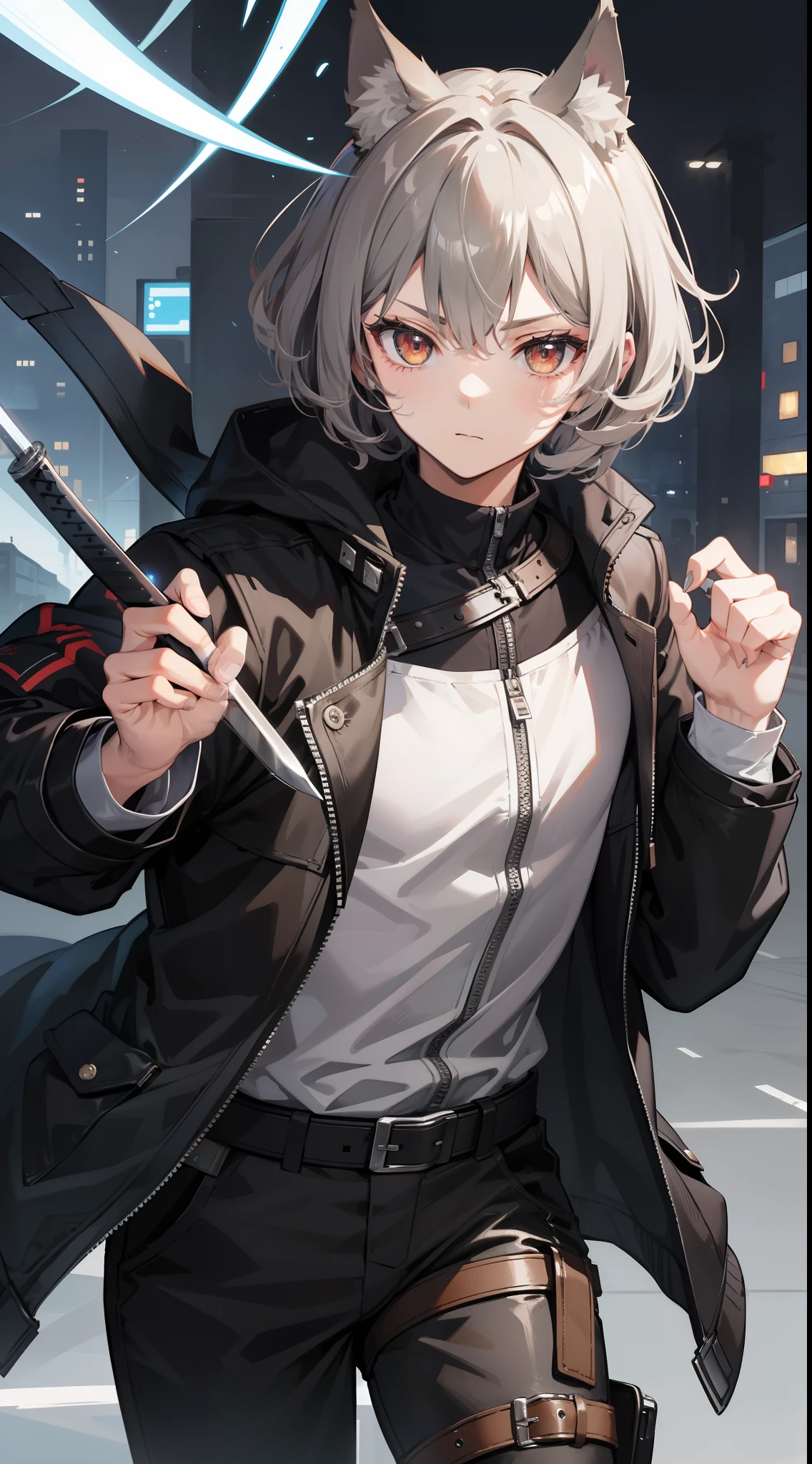 Young guy, gray curly hair, Bob hairstyle, brown eye, cat ears, Grey Combat Jacket, breeches, claws, fiery sword, Masterpiece, hiquality, 4k, HD, Good detail