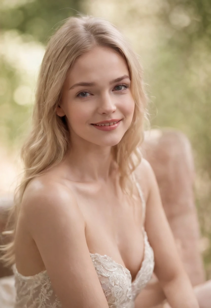 A woman around 18 years old, shoulder length blonde hair, completely nude, fair skin, sitting facing forward, very small breasts, legs spread apart, exposing vagina, hands and arms stretched out to either side, smiling