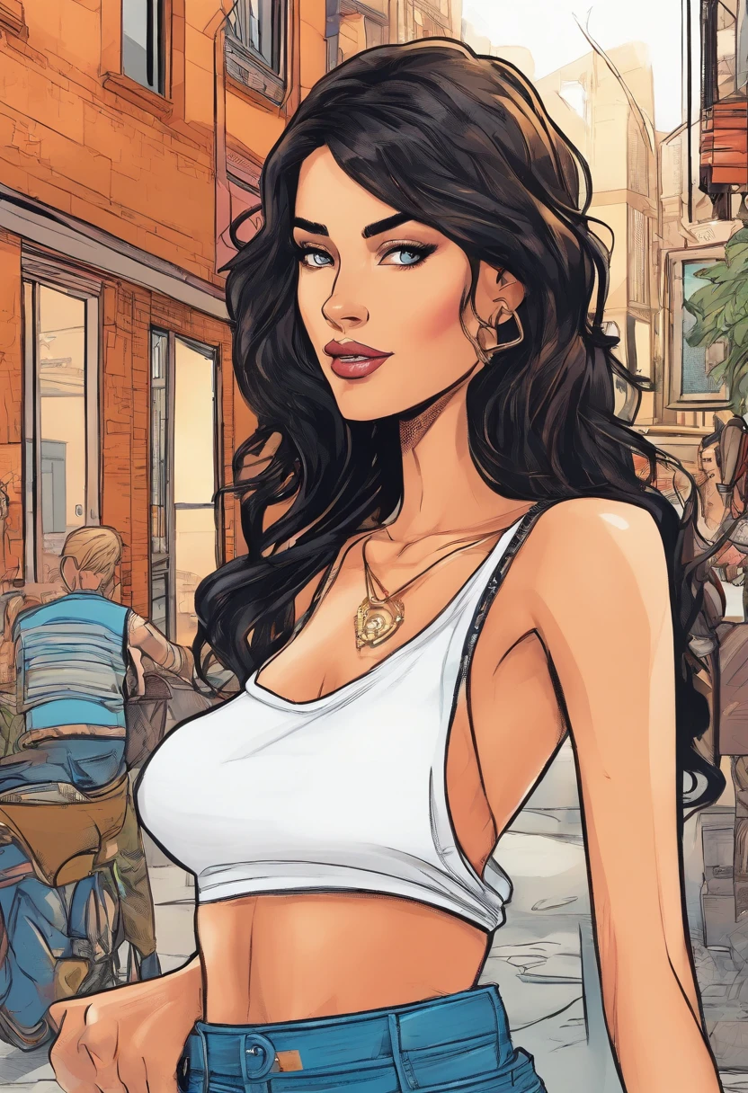 tall woman, with straight black hair, big breasts, prominent hips, big butt, she is a little overweight, she is wearing a T-shirt that does not cover her body much and some tight shorts.