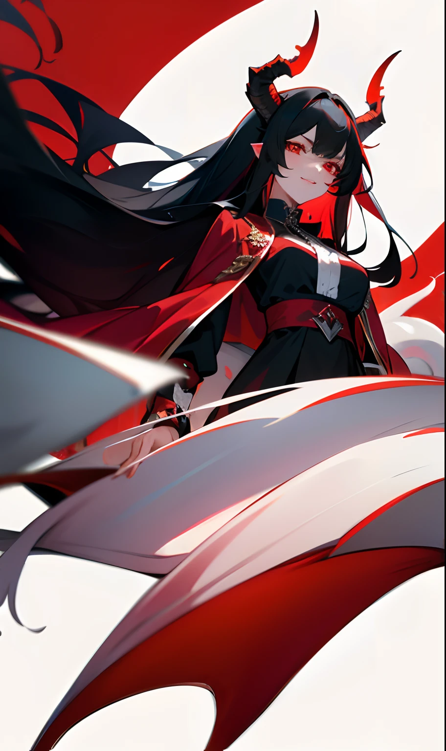 Humanoid dragon milf woman wearing red eyes and long black hair with white horns and white dragon tail while wearing a black blouse and a red overcoat over royalty