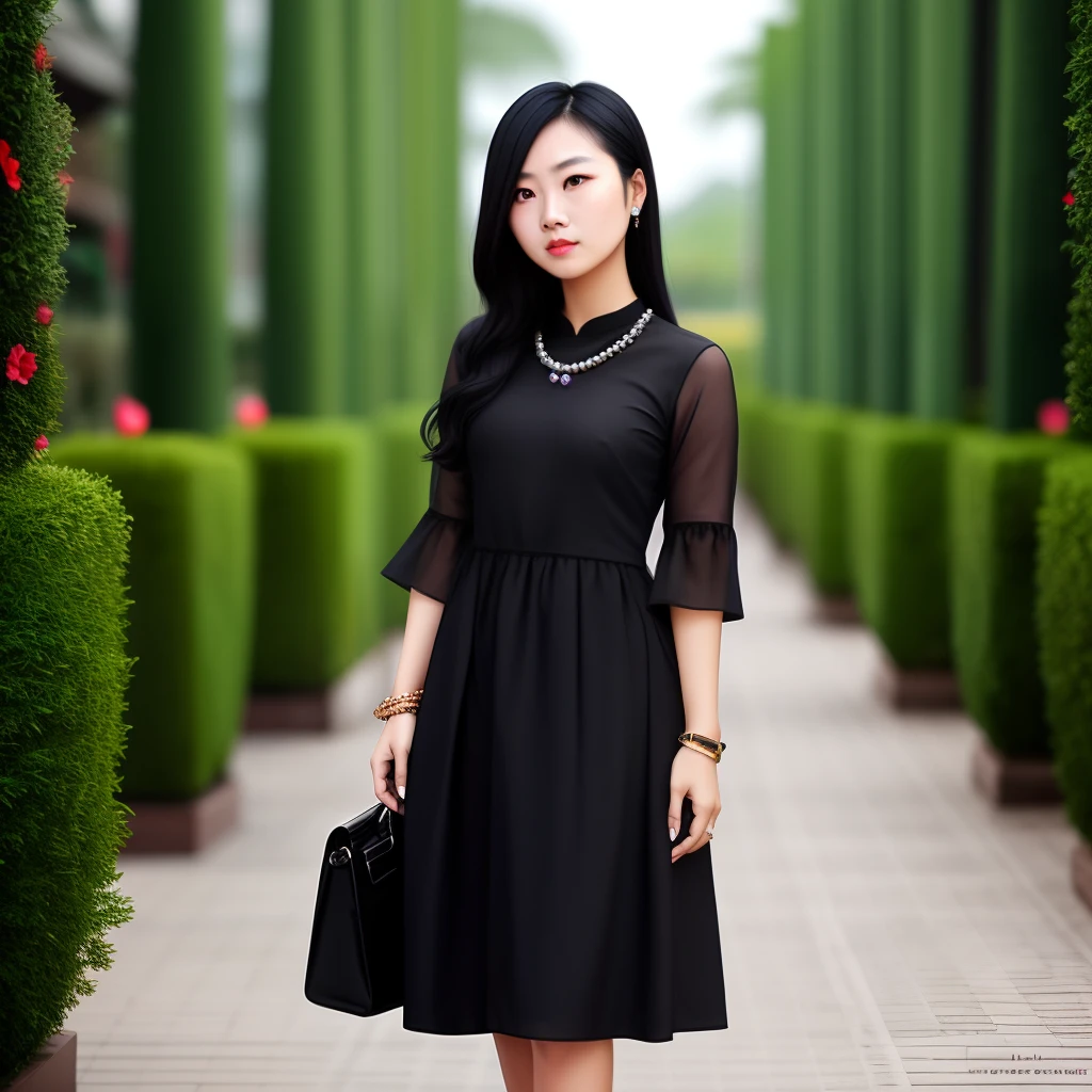 A 25-year-old Vietnamese woman with long, curly black hair, wearing a black pearl necklace and a black dress, looks elegant and sophisticated.