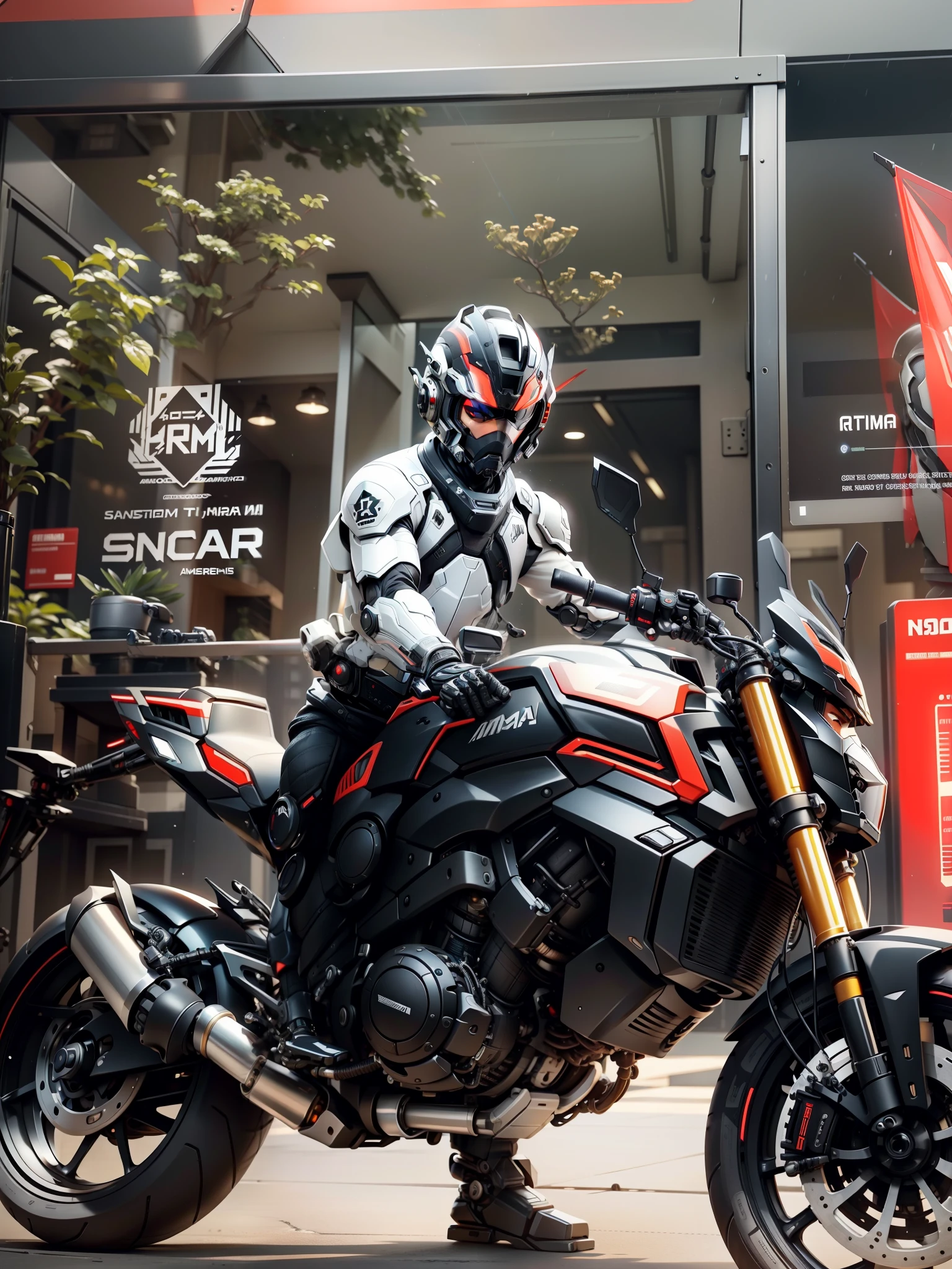 A handsome black mech,short detailed hair,Handsome samurai on the web,Black Cyber mechanical motorcycle,High-tech black full enveloping helmet,with short white hair,Nousr, Biomechanicals, MSHN Robot Man,High-tech helmet,hyper realisitc, Steel, Complex design, insanely details, finely detailled, Extremely clear lines, cinmatic lighting, photograph realistic, A detailed masterpiece