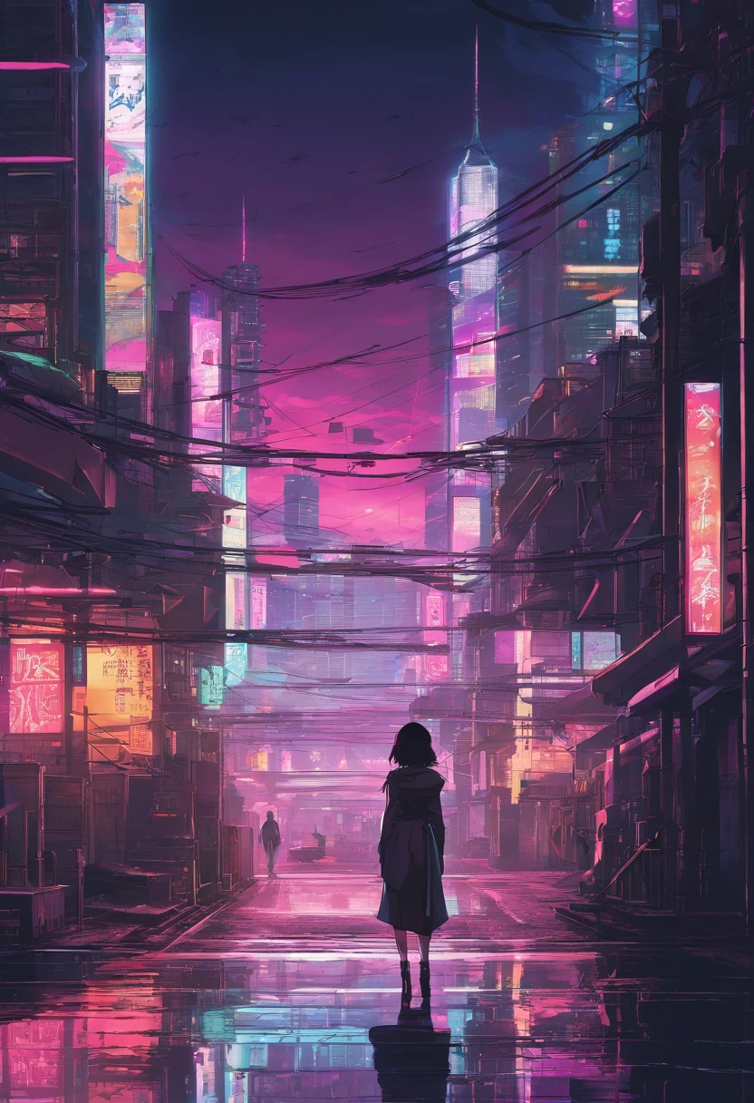 Close-up of the city with a neon sunset in the background, Synthwave City, Ville de Vaporwave, Synthwave Aesthetics, Neon City in the background, Contexte de Neo Tokyo, Neon metropolis in the background, Futuristic urban background, cyberpunk aesthetics, The history of the city is cyberpunk, Purple Cyberpunk City, Cyberpunk City Contexte, cyberpunk aesthetics, Ambiance cyberpunk, Paysage urbain cyberpunk,Anime Clouds, Background to the Anime, Anime Sky, Dans le style de Makoto Shinkai, Beautiful puffy clouds. The anime, Style de Makoto Shinkai, Makoto Sinkai!, Beautiful anime scenery, based on Makoto Shinkai, anime landscape wallpaper, Makoto Sinkai!!, Style artistique Makoto Shinkai,Fille japonaise,pale skinned,beau visage(cheveux violets)veste rouge,Tokyo la nuit, avec le style Cyberpunk,streetwear japonais,tokyo fashion,Dans une veste Cyberpunk 2 0 7 7,en pied,pose attrayante,Vue du bas