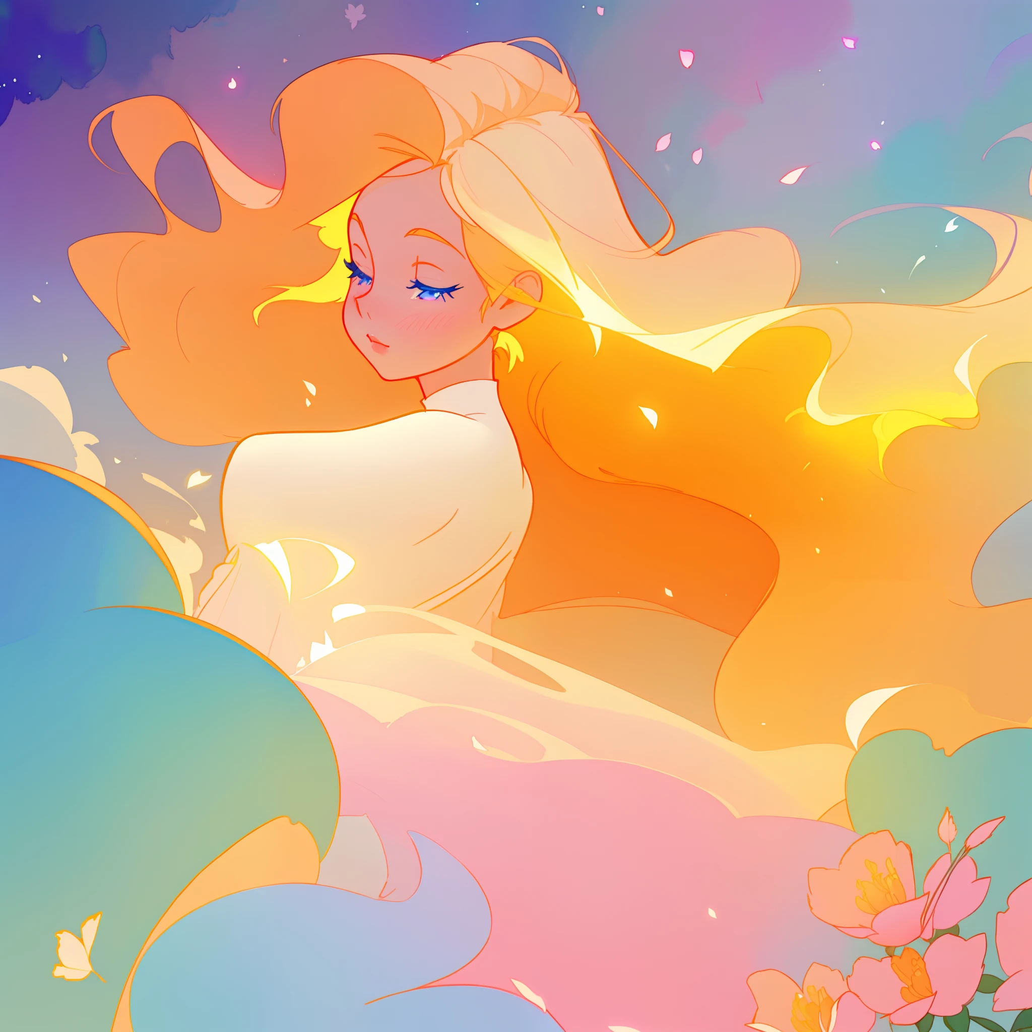 beautiful girl in white dress, fairy dress, long golden hair, watercolor illustration, inspired by Glen Keane, inspired by Lois van Baarle, disney art style, by Lois van Baarle, glowing aura around her, by Glen Keane, jen bartel, glowing lights! digital painting, flowing glowing hair, glowing flowing hair, beautiful digital illustration, fantasia otherworldly landscape plants flowers, beautiful, masterpiece, best quality, anime disney style