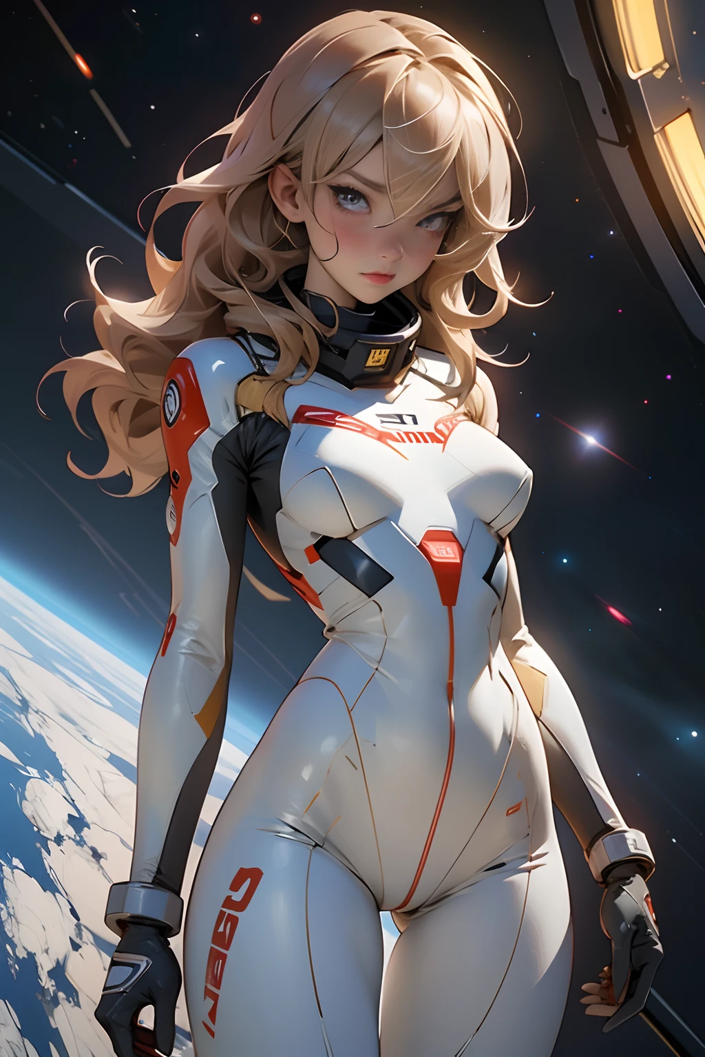 sandy hair fit body large breasts slender thighs slender waist pilot suit solo looking at viewer in space long hair blushing determination, 8k, extreme detail,