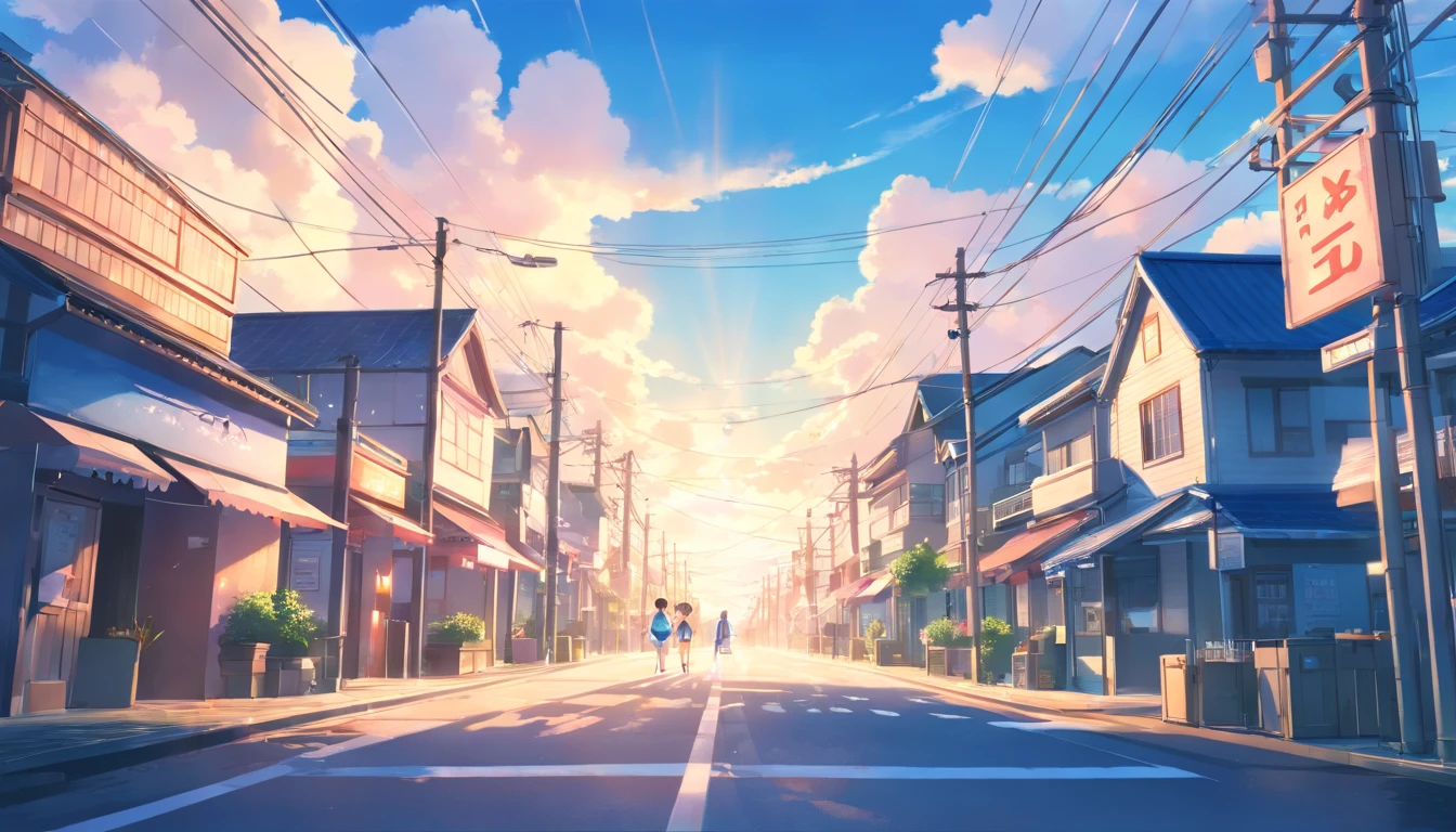 (Masterpiece:1.4), Best quality, 4K, (Blue sky:1.4), (Japan street), blue filter, Sun glare, Cloud, summertime, Sakura granules, Depth of field, Small city with telephone poles