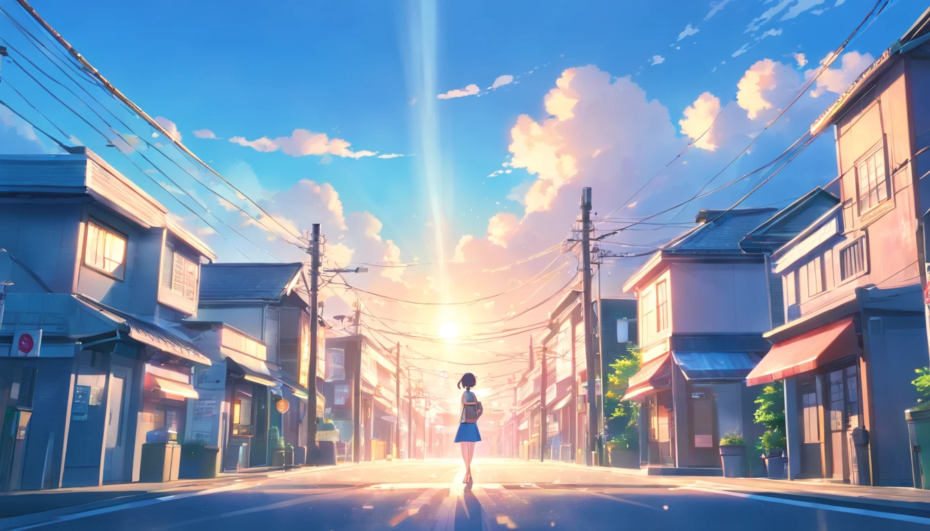 (Masterpiece:1.4), Best quality, 4K, (Blue sky:1.4), (Japan street), blue filter, Sun glare, Cloud, summertime, Sakura granules, Depth of field, Small city with telephone poles