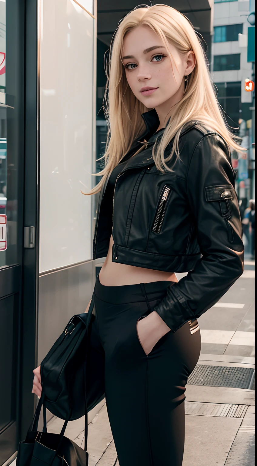 mulher, americana, 25 anos, pale skin and freckles, olhos cinzas, nariz delicado, soft and delicate lips, cabelo blondie cinza longo e ondulados, sorriso meigo, com uma jaqueta branca e detalhes pretos, black legging pants, renderizar toda a foto, em mega tokyo, olhar apaixonado para o observador