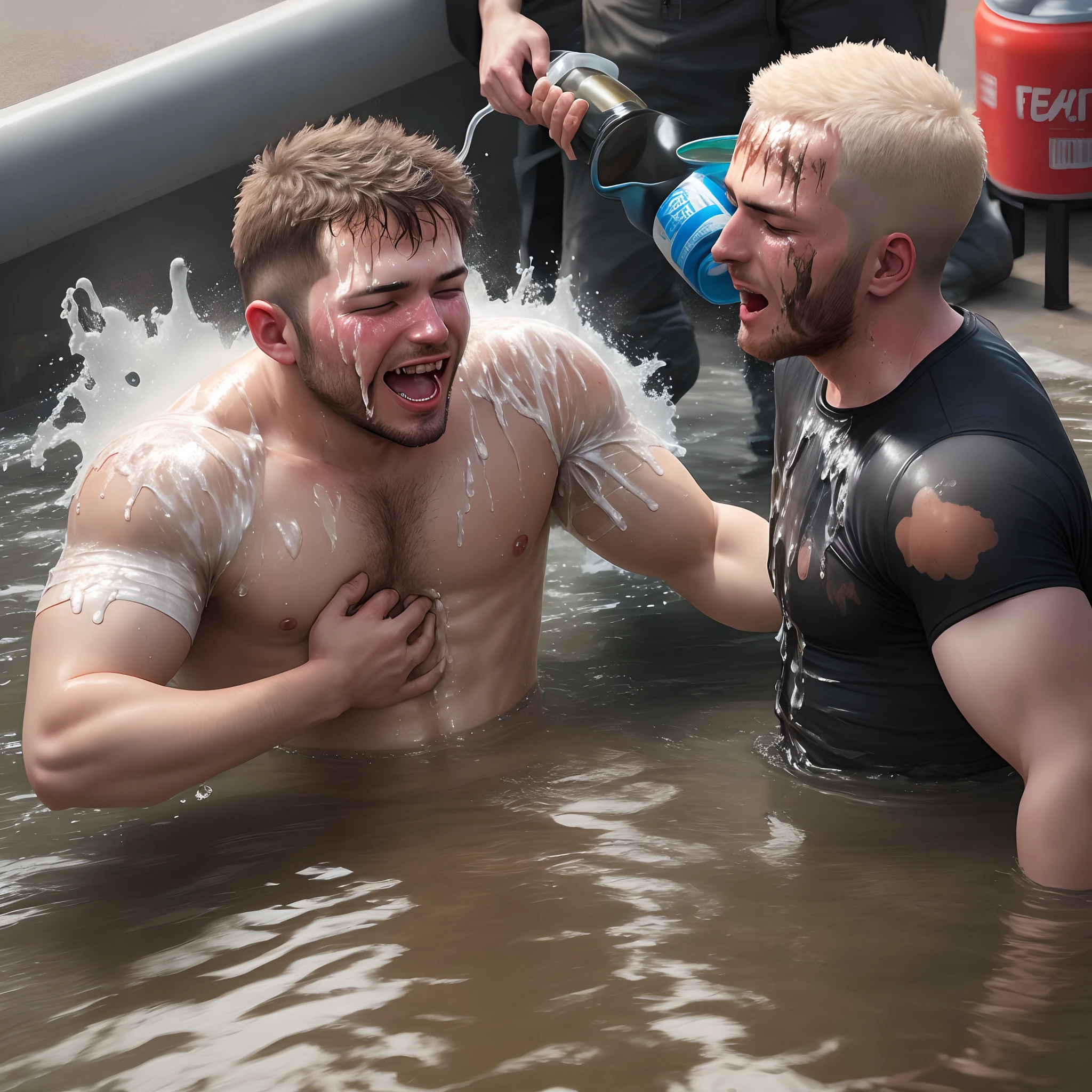 Man covered in oil fighting a drunk man