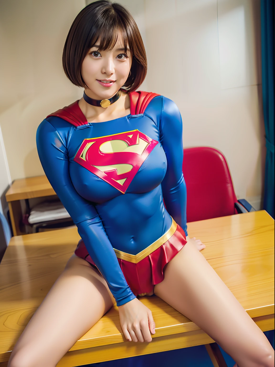 masutepiece,Short-haired Supergirl straddling a desk、large full breasts、Looking at the camera、a choker、bare-legged、Weekly magazine cover、Cheerful pose、a miniskirt、Enamel costume、Large open legs、Crotch