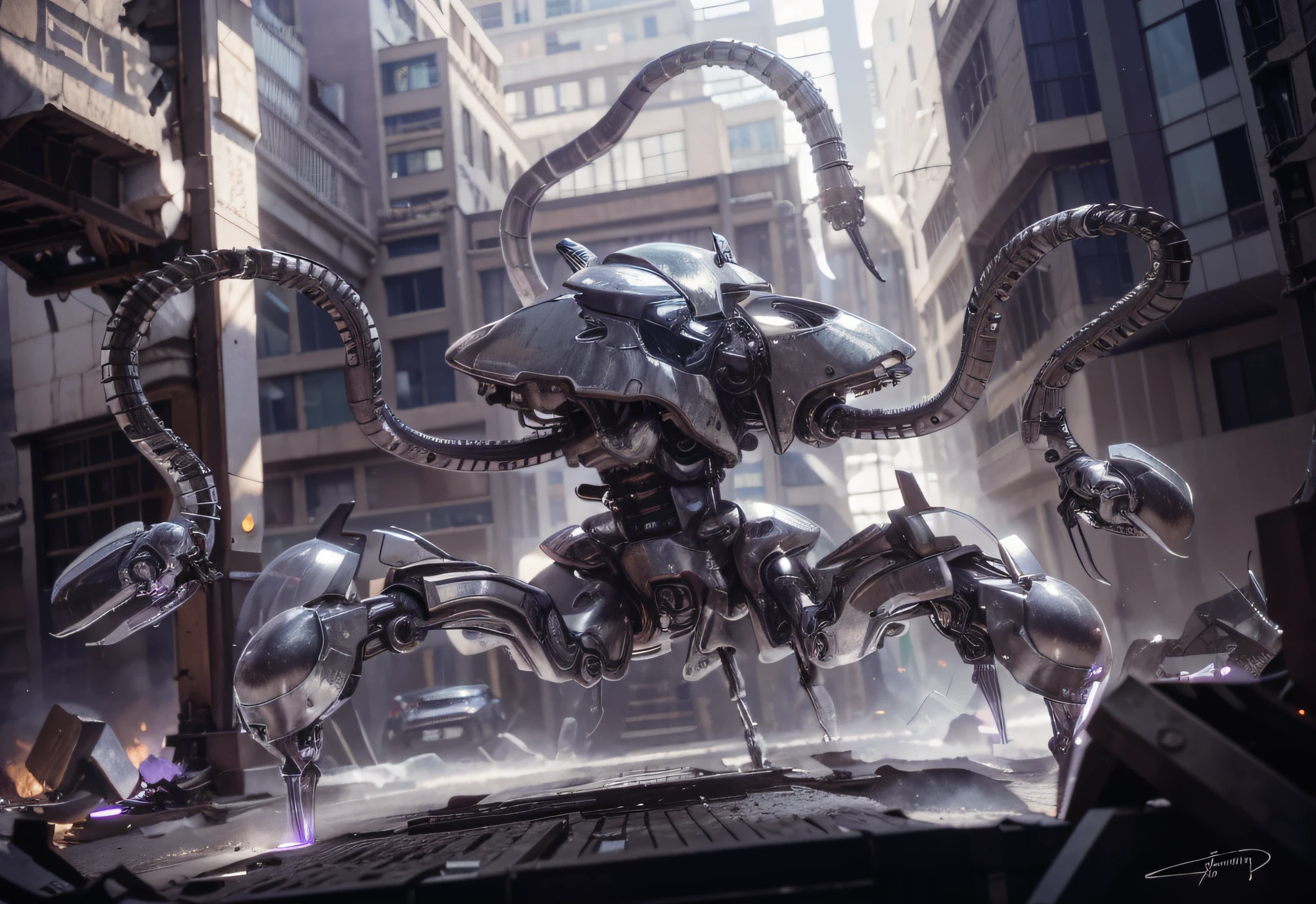 biomechanical style cyborg walker, mechanical arachnoid legs and mechanical tentacles, dark silver color with purple details, is in a completely destroyed city, Ultra detailed, Hyper realistic, 4k, Ultra detailed image, realistic, Highly detailed, perfect composition, beautiful intricately incredibly detailed detailed, 8K fine art photography, hyper detailed, Masterpiece