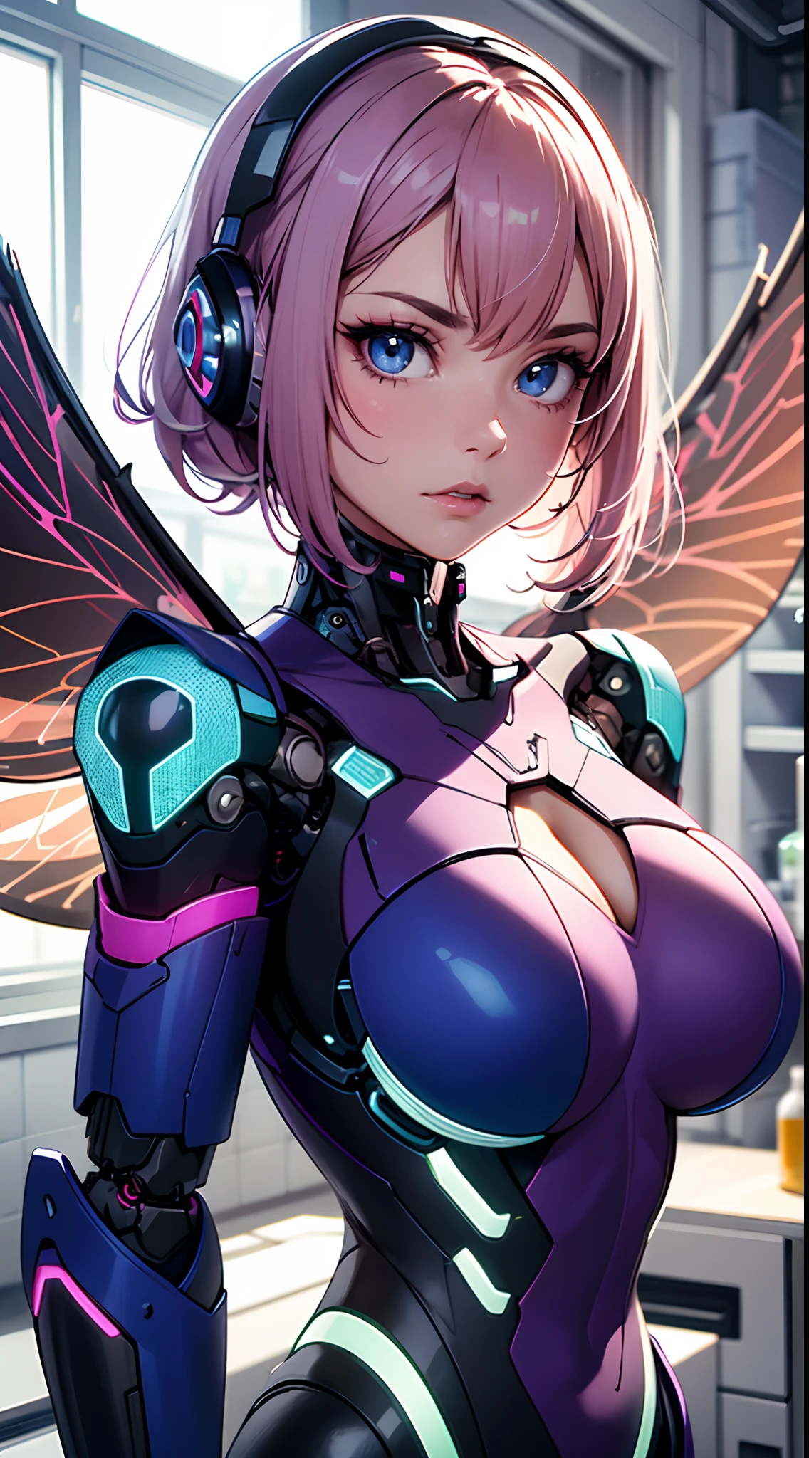 A close-up of a person in a purple suit with wings, Piel fucsia debajo de la armadura, Piel fucsia debajo de la armadura,( Avispa cyborg:1.4), Chica entrenadora de insectos, Armadura plateada afilada piel fucsia, Tiene membranas iridiscentes, sleek purple armor, Piel fuschia, piel fucsia suave, Sigma Hembra, piel fucsia, Avispa cyborg biopunk, More detailed 8K.motor irreal:1.4,UHD,La mejor calidad:1.4, fotorrealista:1.4, textura de la piel:1.4, obra maestra:1.8,obra-prima, mejor calidad,objeto Objeto], (detailed face features:1.3),(Laboratorio Robotizado:1.4)