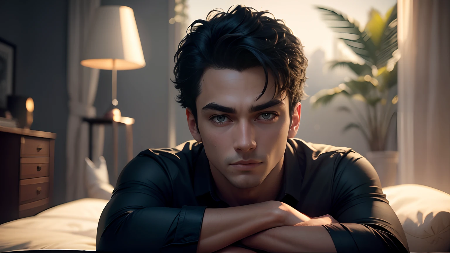 Filme inspirado no filme da disney pixar  obra prima, Um retrato de um um homem jovem, Arms crossed posing for photo, conselheiro tutelar rosto bem iluminado, aproximadamente 23 anos, cabelos preto e curto, Rounded face Stunning ultra definition details, pele branca, olhos castanhos, Velvet casual shirt in black color in high definition, Enhancing your high-definition white skin with cinematic lighting, profesional lighting, studio illumination, Estilo Pixar, Disney, olhos castanhos e puxados, Pixar style in high definition pixar style, Disney in Ultra Definition, Ao fundo, Blur some trees, profesional lighting;, with high-definition colors and details, qualidade 8K ultra-detalhada --auto