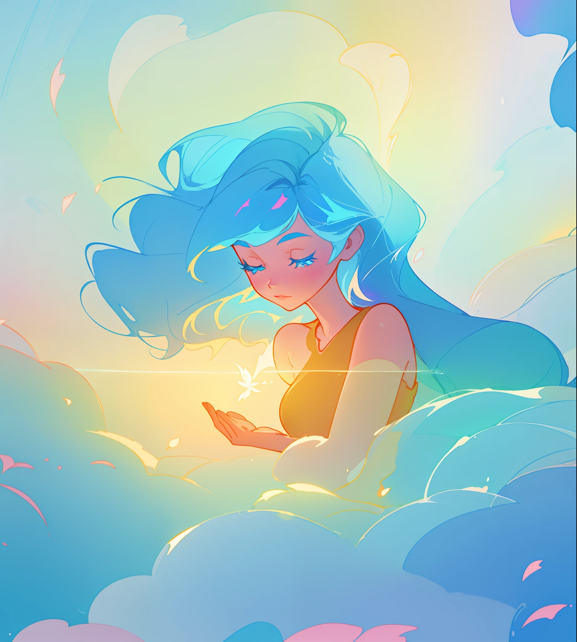 beautiful girl surrounded by liquid light, long wavy blue hair, watercolor illustration, inspired by Glen Keane, inspired by Lois van Baarle, disney art style, by Lois van Baarle, glowing aura around her, by Glen Keane, jen bartel, glowing lights! digital painting, flowing glowing hair, glowing flowing hair, beautiful digital illustration, fantasia otherworldly landscape plants flowers, beautiful, masterpiece, best quality, anime disney style