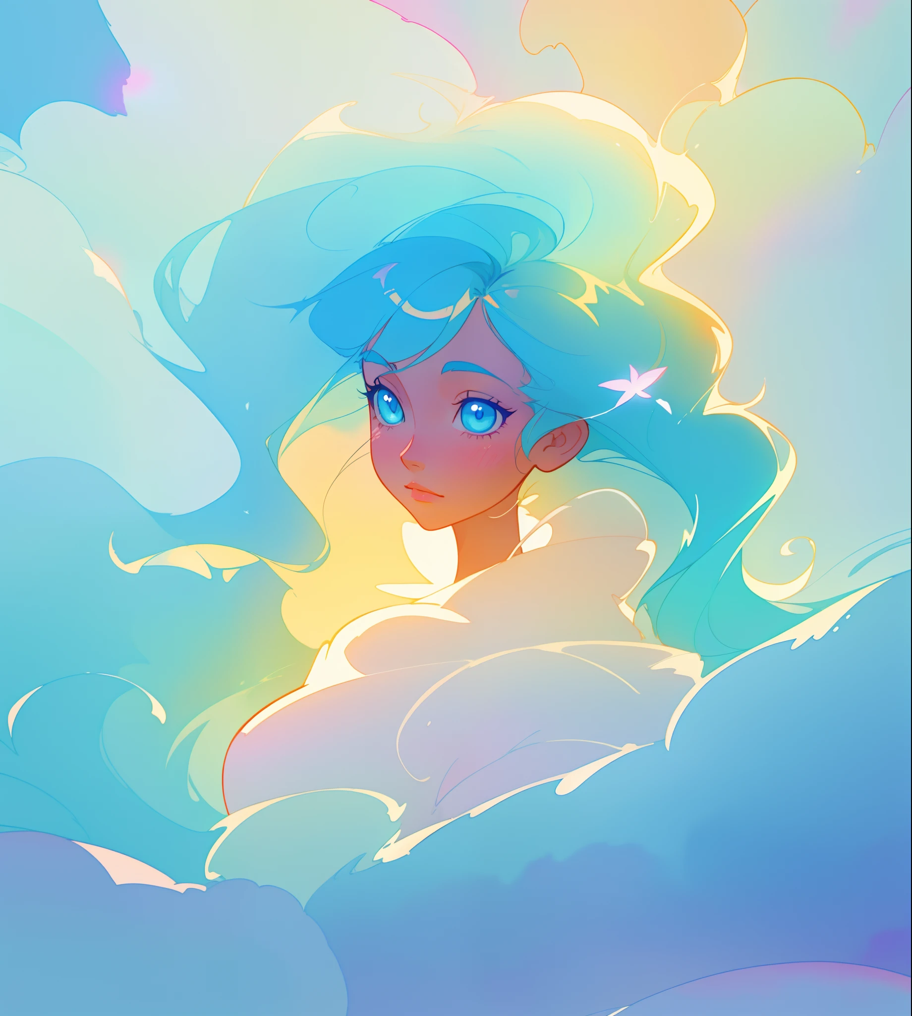 beautiful girl surrounded by liquid light, long wavy blue hair, watercolor illustration, inspired by Glen Keane, inspired by Lois van Baarle, disney art style, by Lois van Baarle, glowing aura around her, by Glen Keane, jen bartel, glowing lights! digital painting, flowing glowing hair, glowing flowing hair, beautiful digital illustration, fantasia otherworldly landscape plants flowers, beautiful, masterpiece, best quality, anime disney style