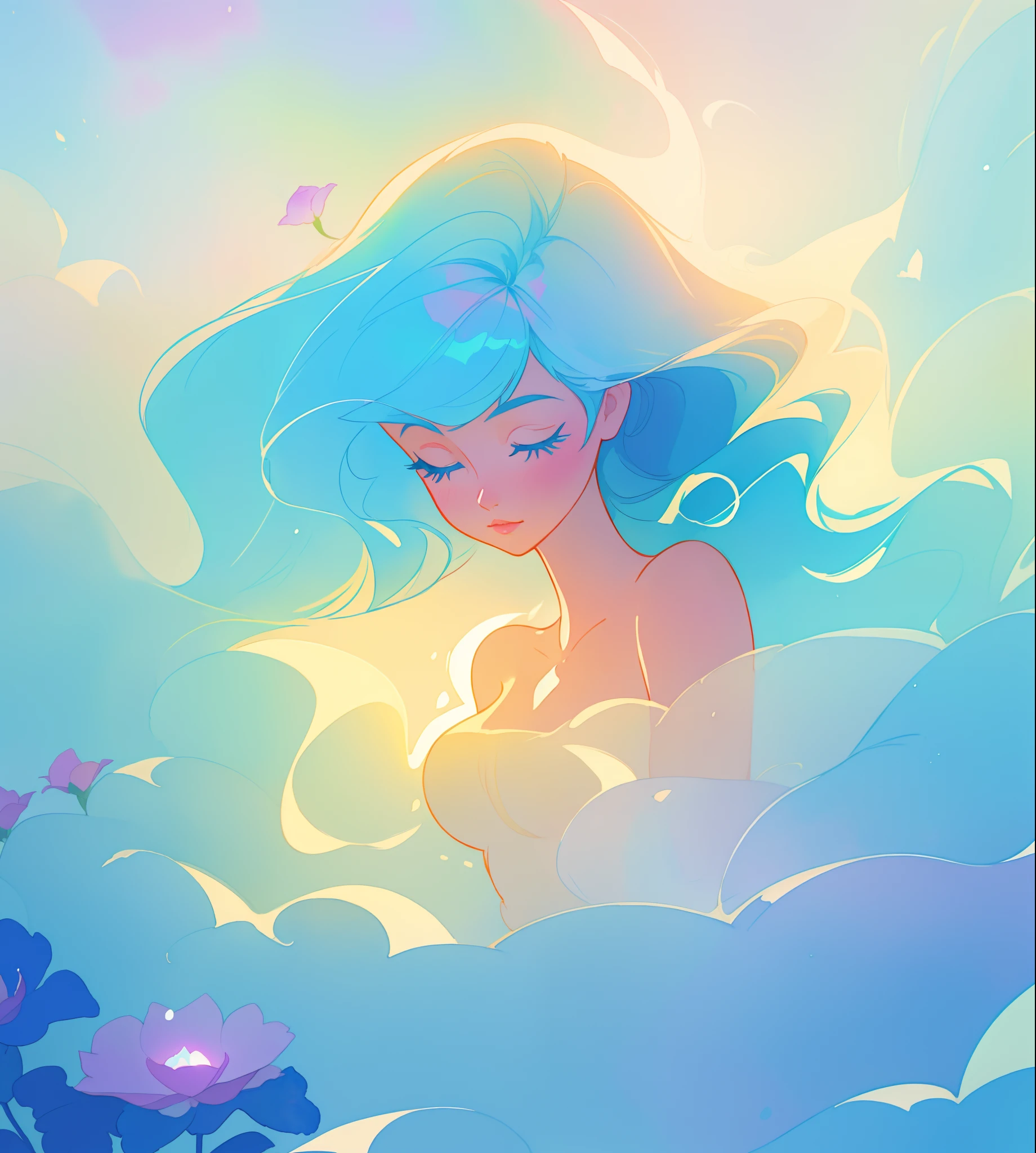 beautiful girl surrounded by liquid light, long wavy blue hair, watercolor illustration, inspired by Glen Keane, inspired by Lois van Baarle, disney art style, by Lois van Baarle, glowing aura around her, by Glen Keane, jen bartel, glowing lights! digital painting, flowing glowing hair, glowing flowing hair, beautiful digital illustration, fantasia otherworldly landscape plants flowers, beautiful, masterpiece, best quality, anime disney style