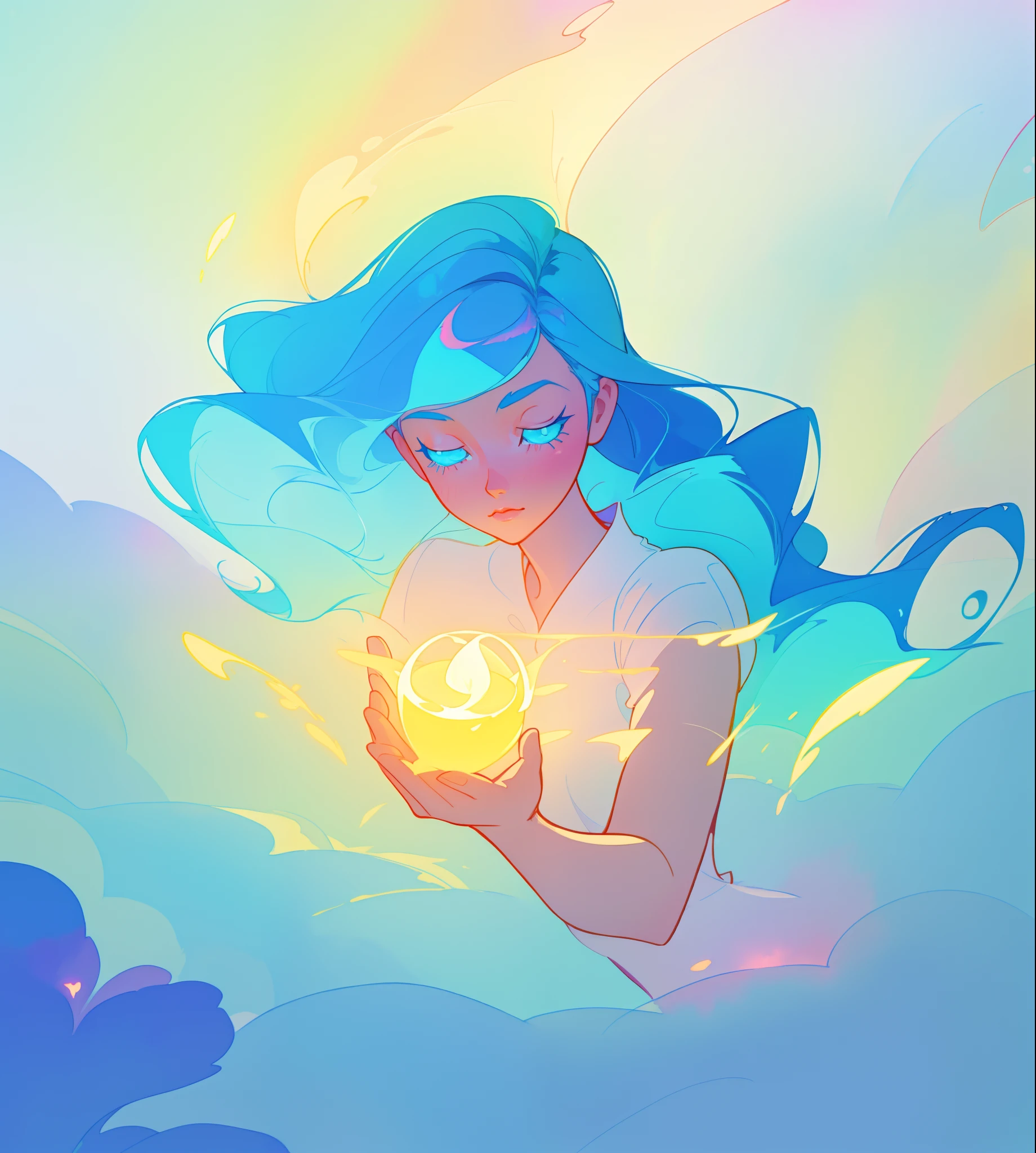 beautiful girl surrounded by liquid light, long wavy blue hair, watercolor illustration, inspired by Glen Keane, inspired by Lois van Baarle, disney art style, by Lois van Baarle, glowing aura around her, by Glen Keane, jen bartel, glowing lights! digital painting, flowing glowing hair, glowing flowing hair, beautiful digital illustration, fantasia otherworldly landscape plants flowers, beautiful, masterpiece, best quality, anime disney style