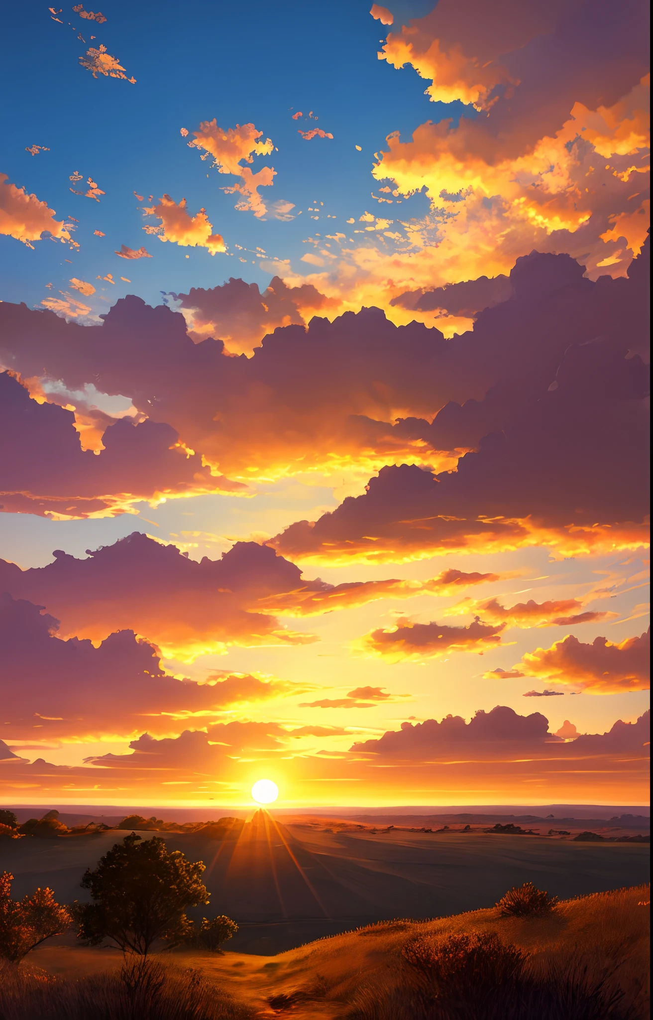 illustration style, a sun rising from the horizon, radiant lights filled the sky