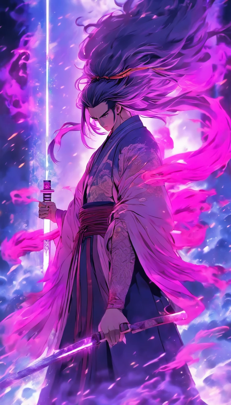 China-style,中景 the scene is,The Taoist priest stood in front of a huge transparent Chinese sword,Stretch your hands,Long messy hair,Glow effects,Hyper-realistic,Ultra photo realsisim,Chinese black and white ink style,The purple,Decolorization,Smudge,ink,8K,super-fine,high qulity,OC renderer