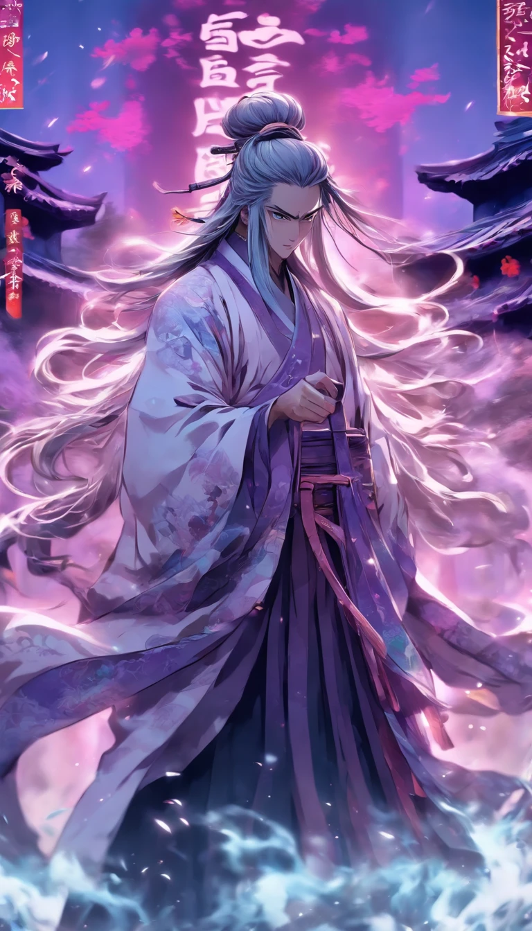 China-style,中景 the scene is,The Taoist priest stood in front of a huge transparent Chinese sword,Stretch your hands,Long messy hair,Glow effects,Hyper-realistic,Ultra photo realsisim,Chinese black and white ink style,The purple,Decolorization,Smudge,ink,8K,super-fine,high qulity,OC renderer