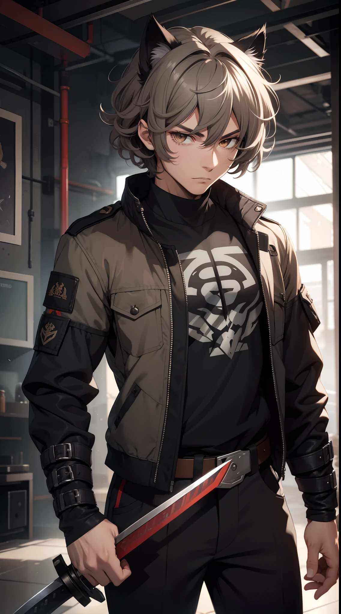 Young guy, gray curly hair, Bob hairstyle, brown eye, cat ears, Grey Combat Jacket, breeches, claws, fiery sword, Masterpiece, hiquality, 4k, HD, Good detail