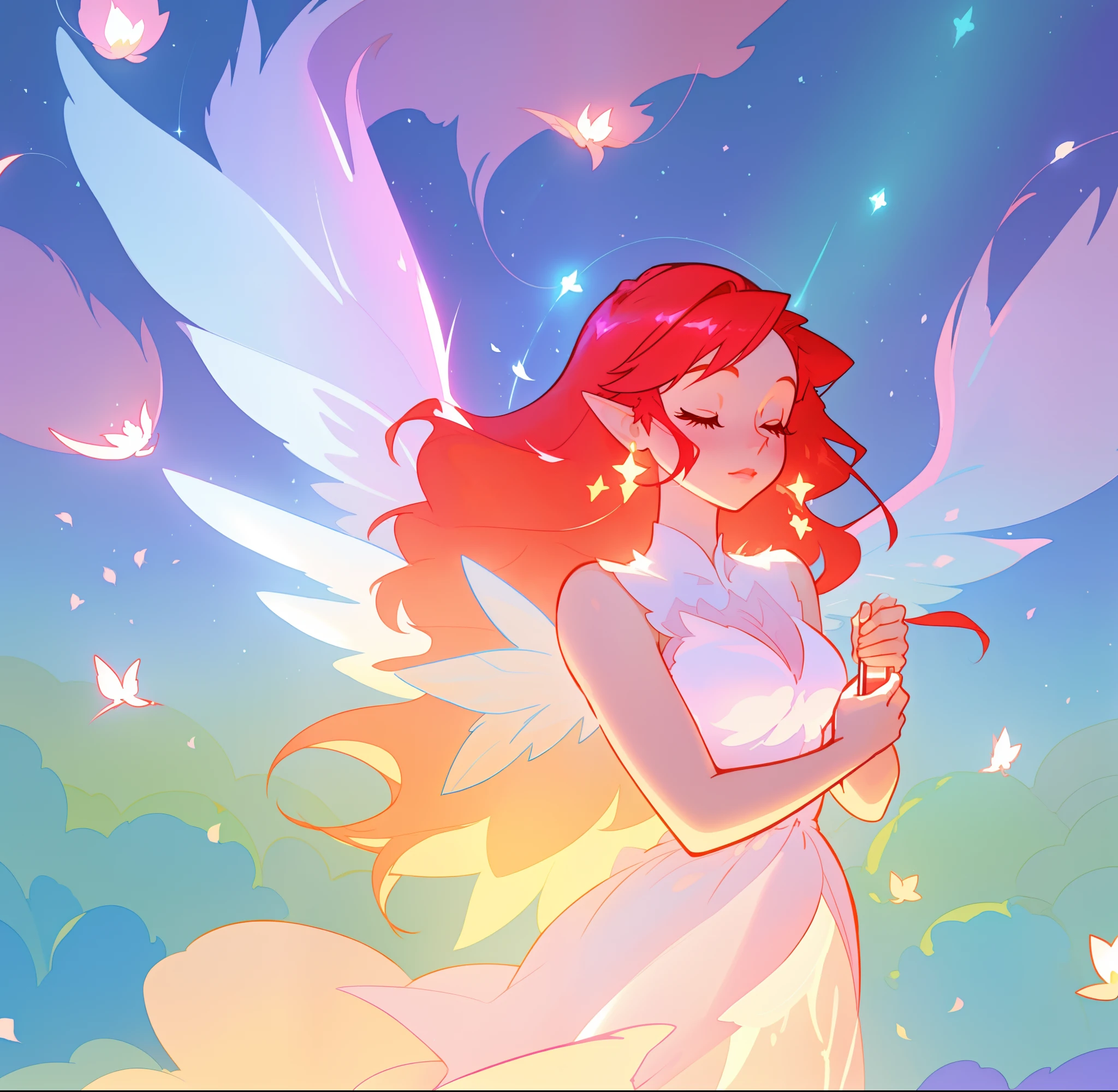 beautiful fairy girl in flowing white dress, fairy dress, fairy queen, (glowing fairy wings), long red hair, sparkling fairy wings, watercolor illustration, inspired by Glen Keane, inspired by Lois van Baarle, disney art style, by Lois van Baarle, glowing aura around her, by Glen Keane, jen bartel, glowing lights! digital painting, flowing glowing hair, glowing flowing hair, beautiful digital illustration, fantasia otherworldly landscape plants flowers, beautiful, masterpiece, best quality, anime disney style