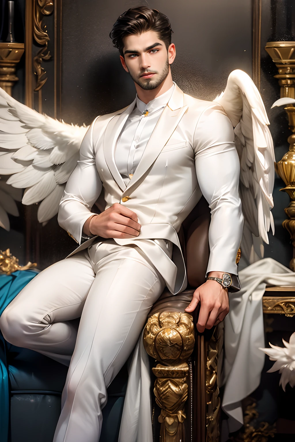 1 man, alone, young handsome man, Latin mulatto skin, attractive features, tan tone skin, dark blue eyes, friendly expression, huge white wings coming out of his back, 2 angel wings, physical fitness, man's long haircut medium, black brown hairstyle, small beard, casual clothing, urban outfit, red suit, full body tattoos. emotion: greet, environment: war field