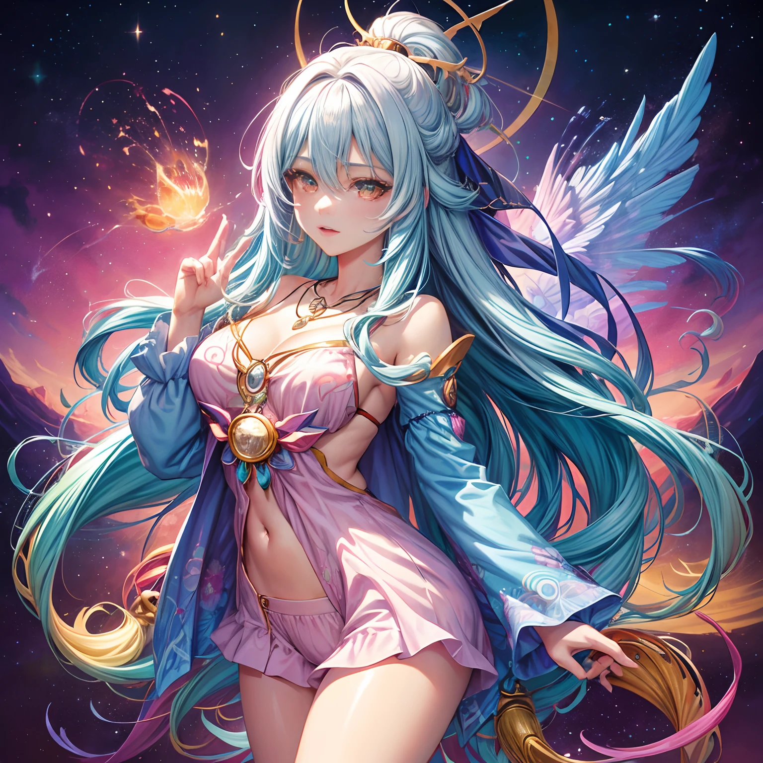 Close-up of a woman with colorful hair and necklace, anime girl with cosmic hair, The soft vitality of Rostus, Guviz-style artwork, Fantasy art style, Colorful], vibrant fantasy style, Vibrant Ross Comics, cosmic and colorful, Guviz, Colorful digital fantasy art, stunning art style, Beautiful anime style, White skin, pyjamas,