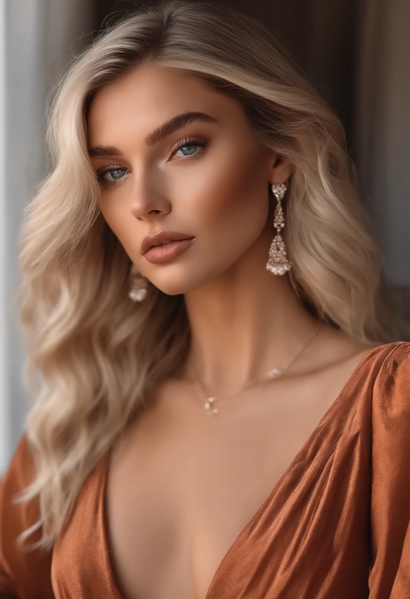 Realistic white female Instagram influencer, Best quality, Blonde, 1 fille, yeux bleus, en robe courte moulante blanche tenue plus droite fixe devant elle gros sein tenue simple