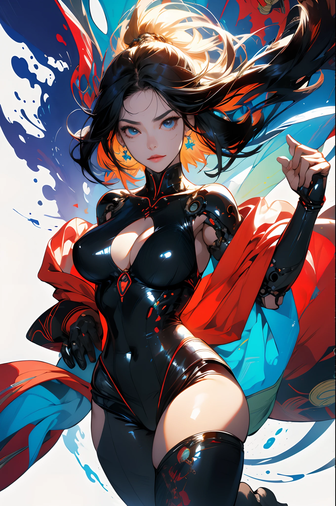 tmasterpiece, ultra - detailed, 8K, hiquality, Top image quality, 1人の女性, art by:hyung tae kim, Anime characters posing, seductive anime girls, Japanese anime, digital illustrations, Center, biomechanical oppai, oppai, Oppein Proportions, Sharp focus, Large full breasts, Colossal tits, Chest dew, exposing her chest, Exposing the skin, Curvaceous Body, White shiny skin, shiny skins, digital illustrations, Center, Full body shot, intricately details, Depiction of thick hair, Detailed eye depiction, Lively fighting stance, Vivid fighting postures, Jump up and punch, Japanese anime, extremely colorful, Various colors, sexy body lines, Splash paint background, abstracted, Variegated and colorful background, Don't draw buildings in the background, Stand with your legs spread, Rich facial expressions, Emotionally rich, high legs