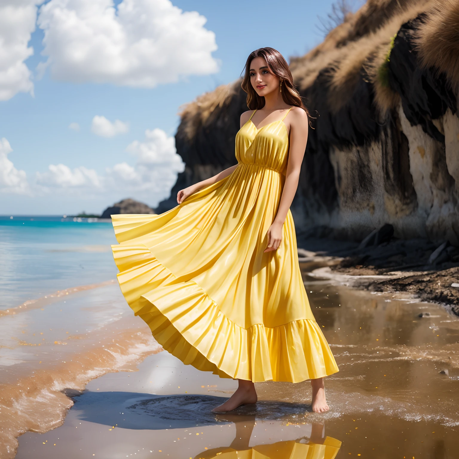 A woman in a yellow dress splashing through a puddle, senhora usando vestido amarelo, mulher bonita, Flowing dress, Wearing a flowing dress, vestido medieval ocre amarelo, usando um vestido amarelo, ouro vibrante, mas sombrio, Roupas amarelas, vestido dourado, flowing robes, fluttering dress, com panos amarelos, imagem ultra realista, RAW 8K, Alta nitidez, riqueza de detalhes