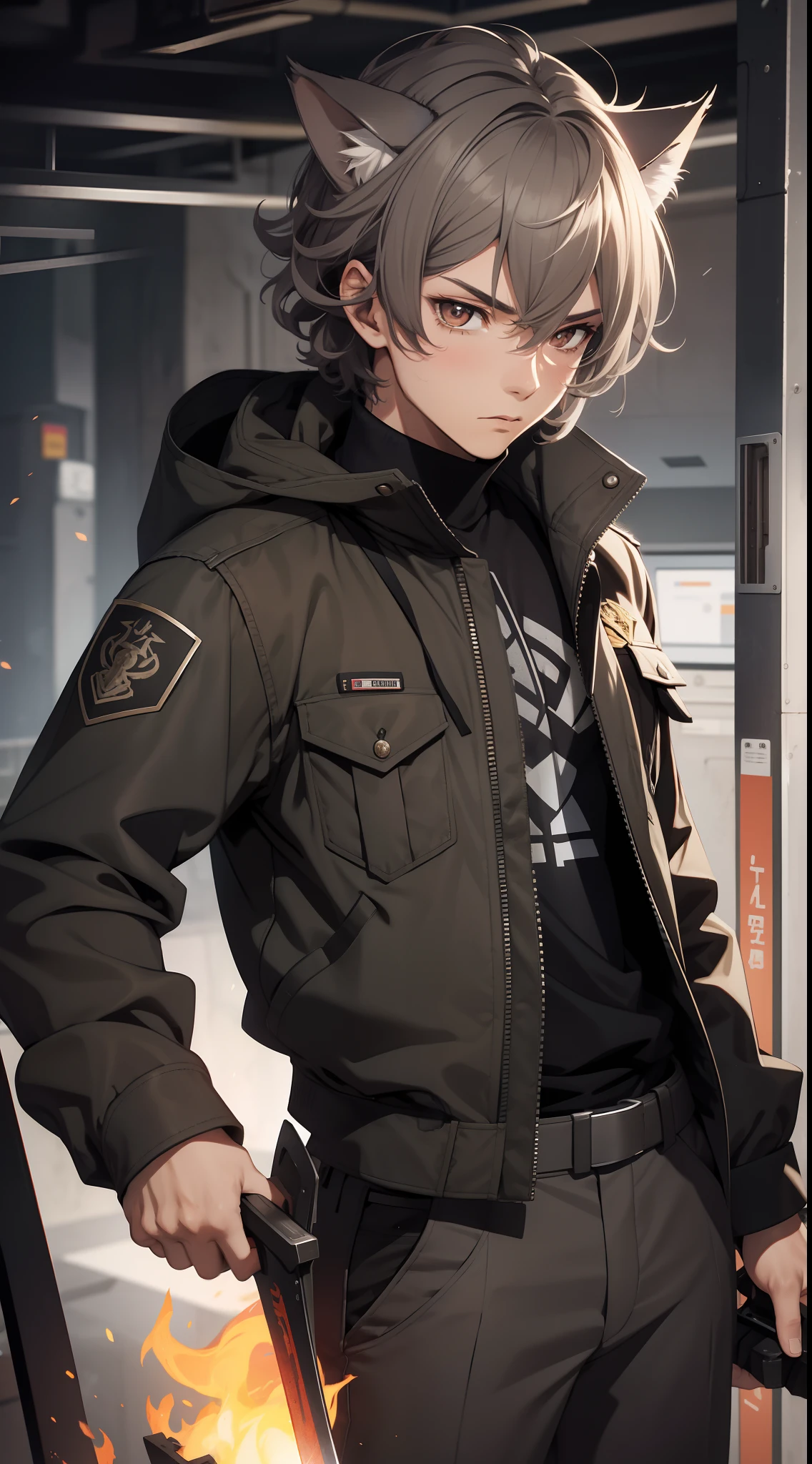 Young guy, gray curly hair, Bob hairstyle, brown eye, cat ears, Grey Combat Jacket, breeches, claws, fiery sword, Masterpiece, hiquality, 4k, HD, Good detail