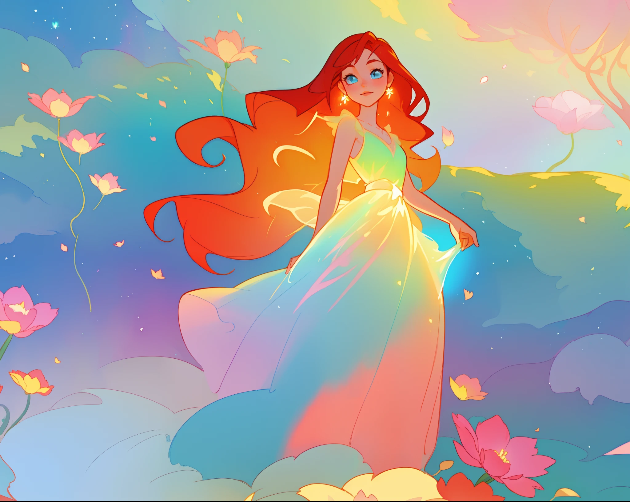 beautiful girl in flowing shimmering dress, fairy dress, long red hair, magical, whimsical, watercolor illustration, flowers and colorful plants, inspired by Glen Keane, inspired by Lois van Baarle, disney art style, by Lois van Baarle, glowing aura around her, by Glen Keane, jen bartel, glowing lights! digital painting, flowing glowing hair, glowing flowing hair, beautiful digital illustration, fantasia otherworldly landscape plants flowers, beautiful, masterpiece, best quality, anime disney style