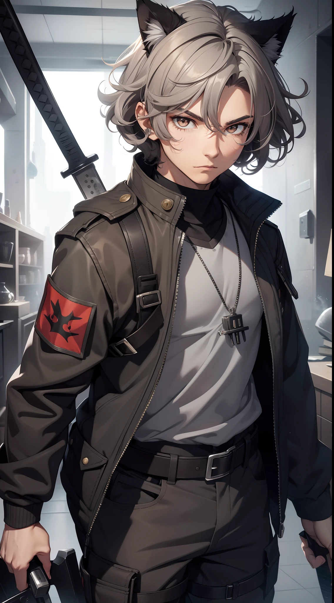 Young guy, gray curly hair, Bob hairstyle, brown eye, cat ears, Grey Combat Jacket, breeches, claws, fiery sword, Masterpiece, hiquality, 4k, HD, Good detail