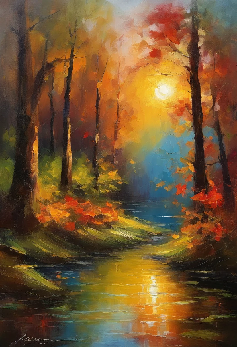 A painting of a river in a forest with trees and a sun - SeaArt AI