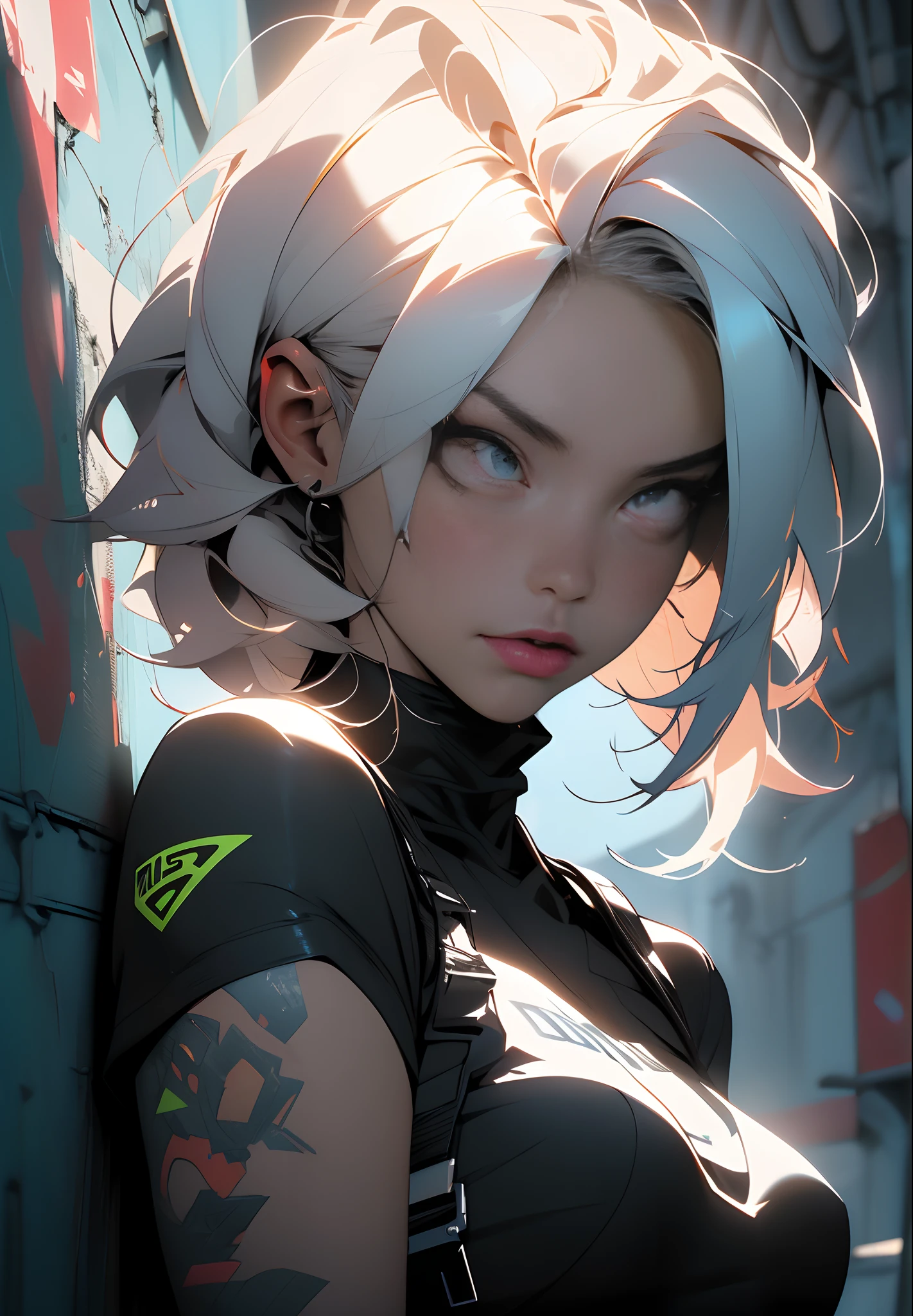 (cyberpunk:1.3) , Stylish woman looking at camera, black pants, black t-shirt, melancholic lighting, quiet, calm, brightness, masterpiece, best quality, 1girl, (JinxLol:1.2), (ultra photorealistic:1.3), (masterpiece:1.4), best quality, ((realistic)), high quality, ultra detailed, ((real image)), ((realistic skin)), ((realistic face)),(illustration:1.05), (beautiful:1.05), (beautiful detailed eyes:1.05), (cinematic light:1.1), blue on the detachments, perfect whole body, slender silhouette, slim, small breasts, thick thighs, black and blue clothing, white sneakers