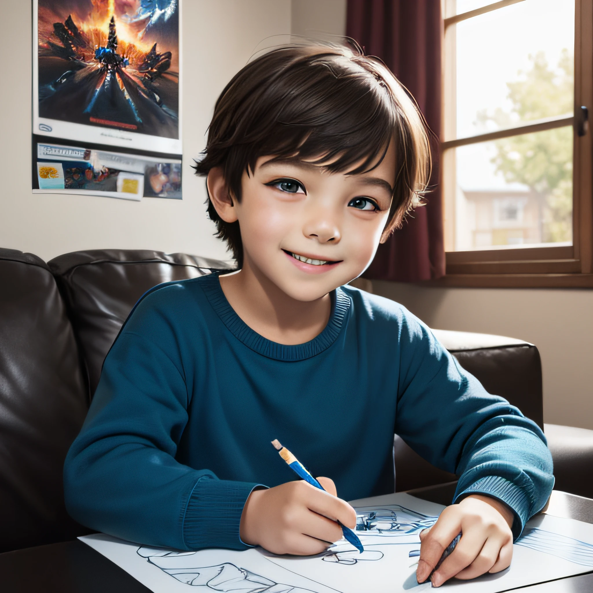 (photorealistic, highres:1.2), -yeld Kirawing at Home, detailed fingers, blue Sofa, simple house, multiple game posters on the background, brunette child, haxpression