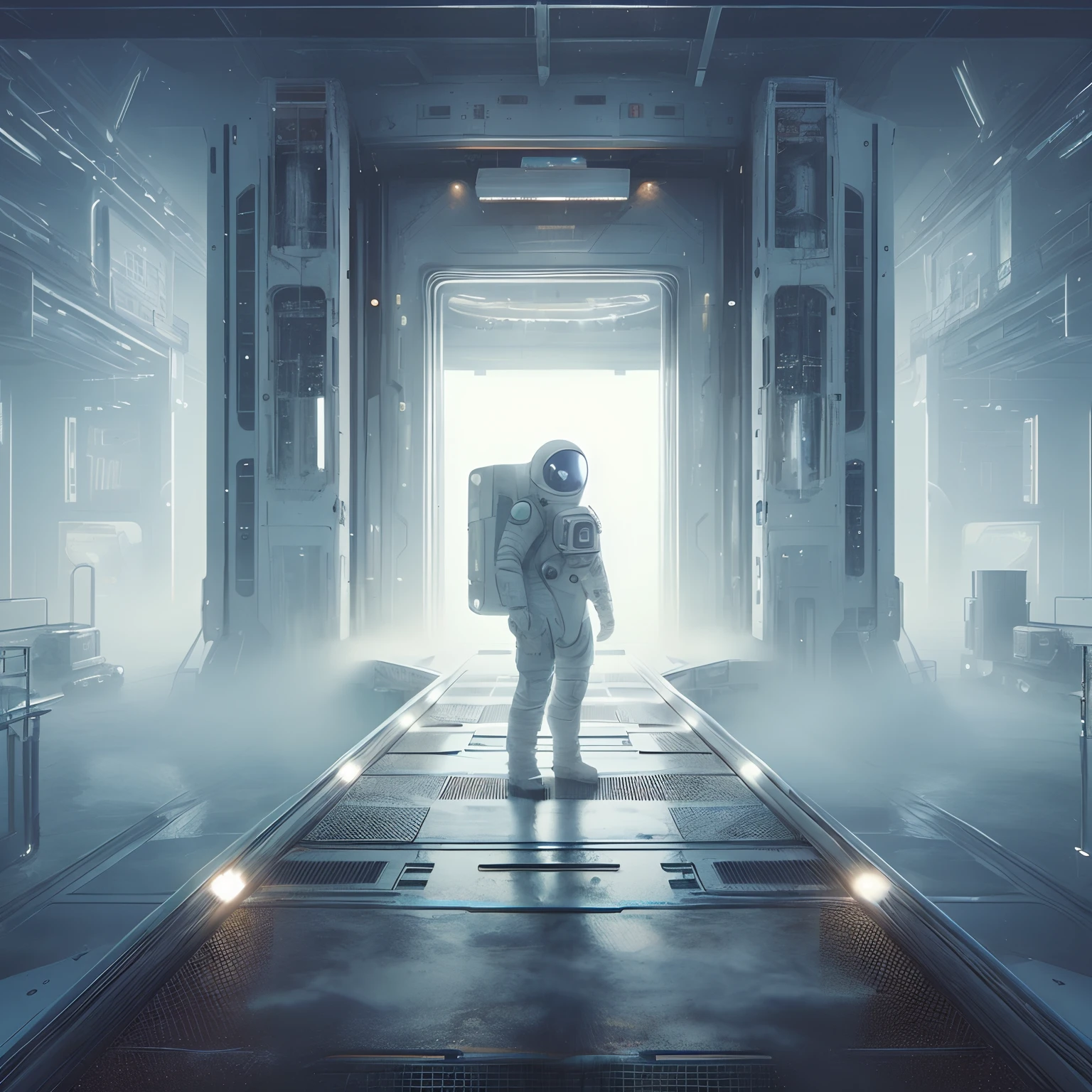arafed astronaut walking through a space station with a backpack, astronaut lost in liminal space, lonely astronaut, misty space, octane render sci - fi, 3 d render beeple, beeple. octane render, cinematic beeple, futuristic astronaut, inspired by Beeple, cinematic scifi shot, detailed sci - fi backgrounds